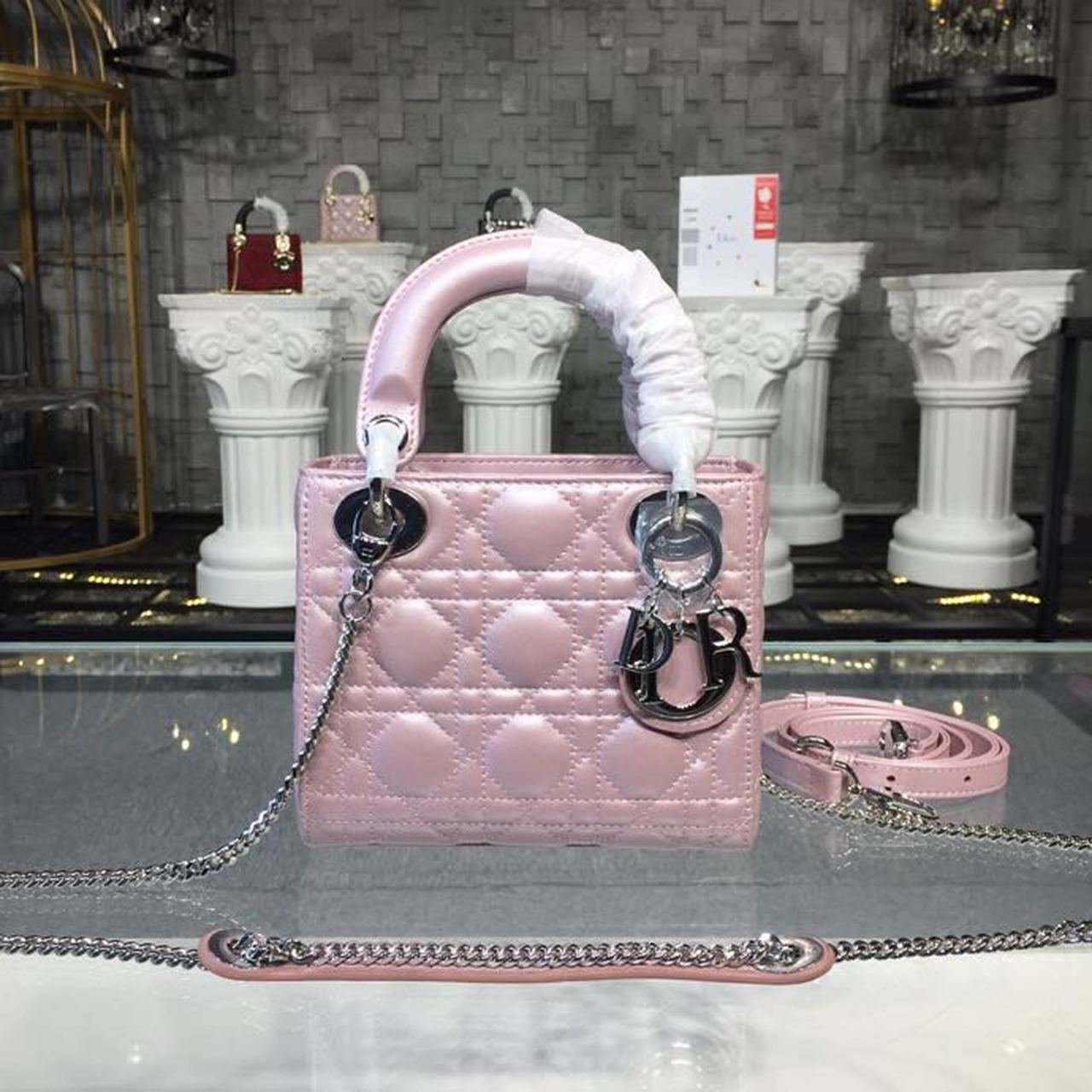 Lady Cannage Chain Hardware Cd Quilted Pink Silver Travel Bag