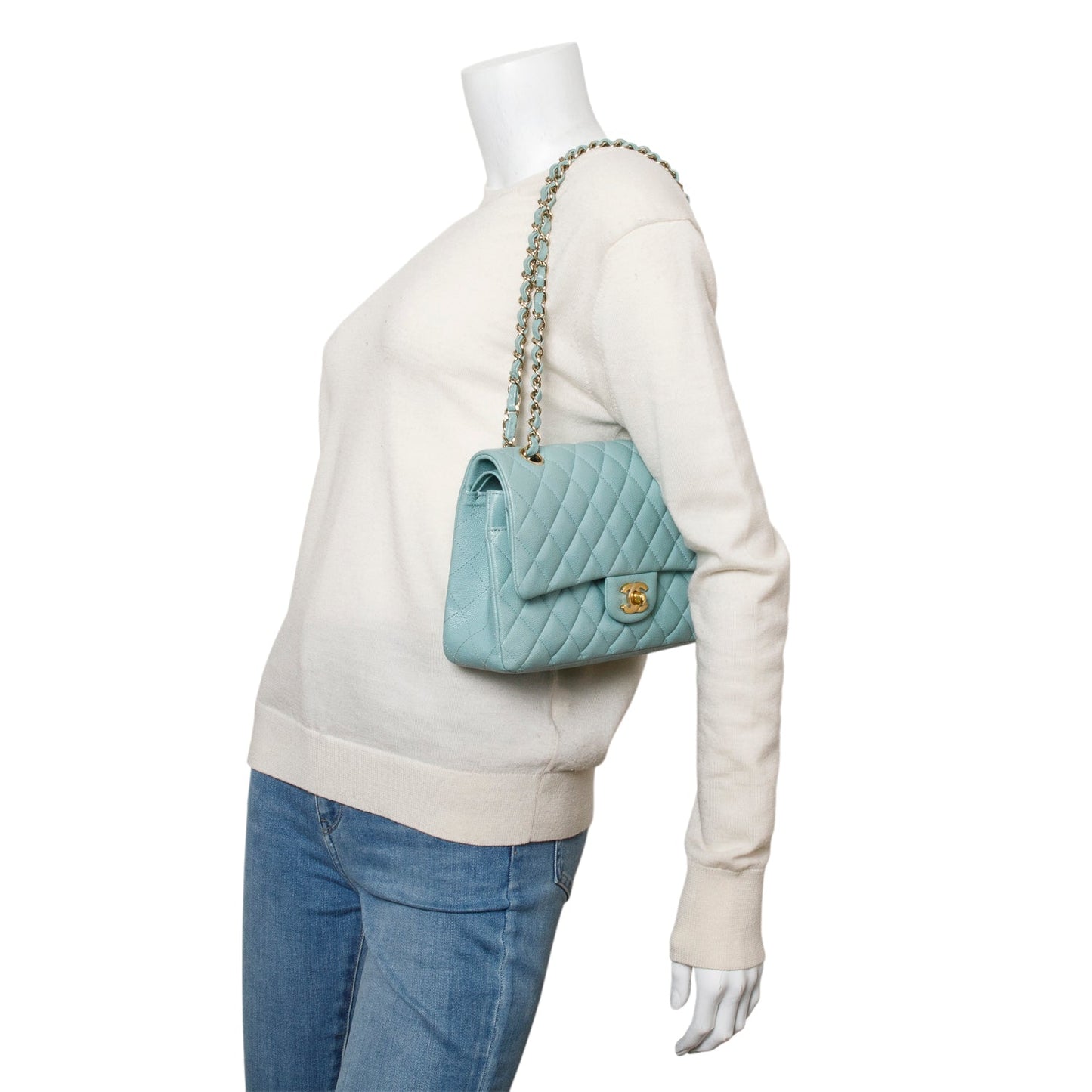 Chanel Turquoise Caviar Quilted Double Flap Travel Bag