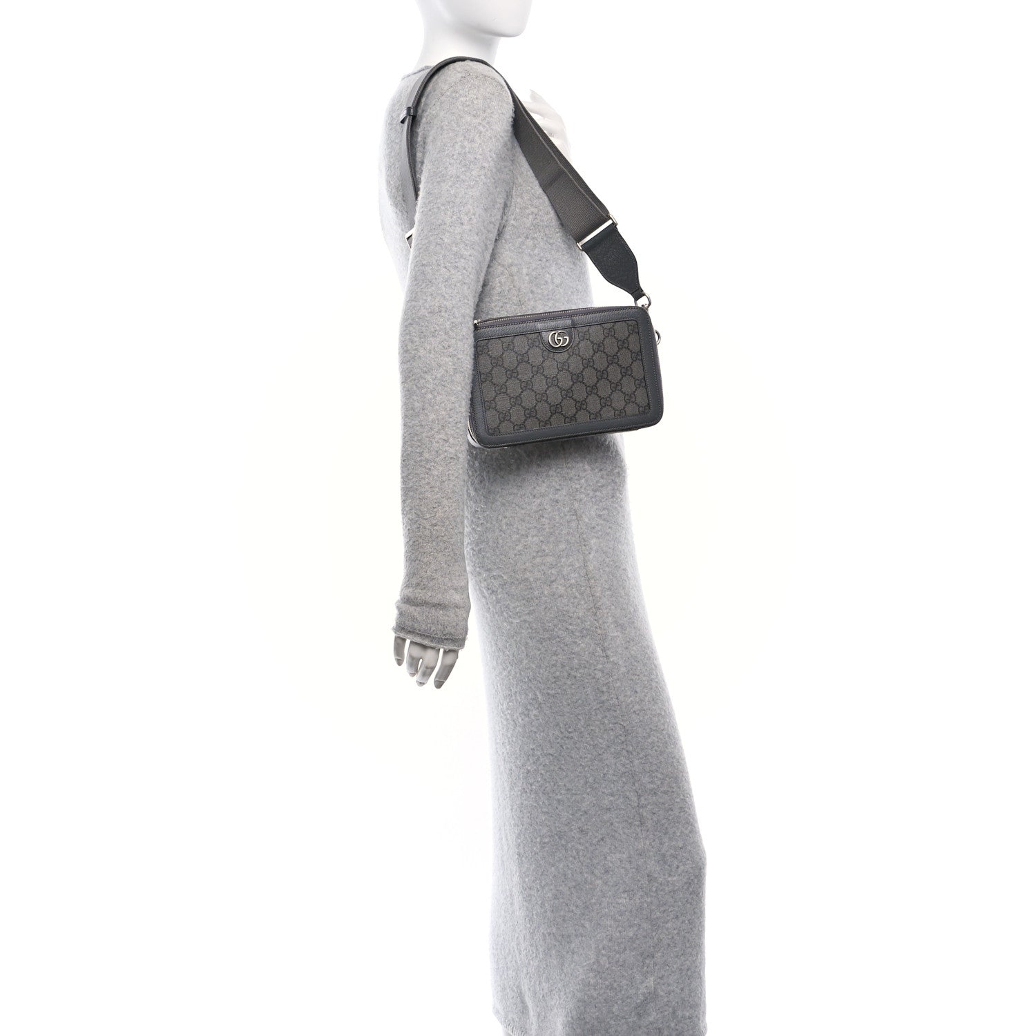 Gucci GG Supreme Monogram Textured Dollar Calfskin Small Ophidia Top Handle Shoulder Grey Black Graphite Grey