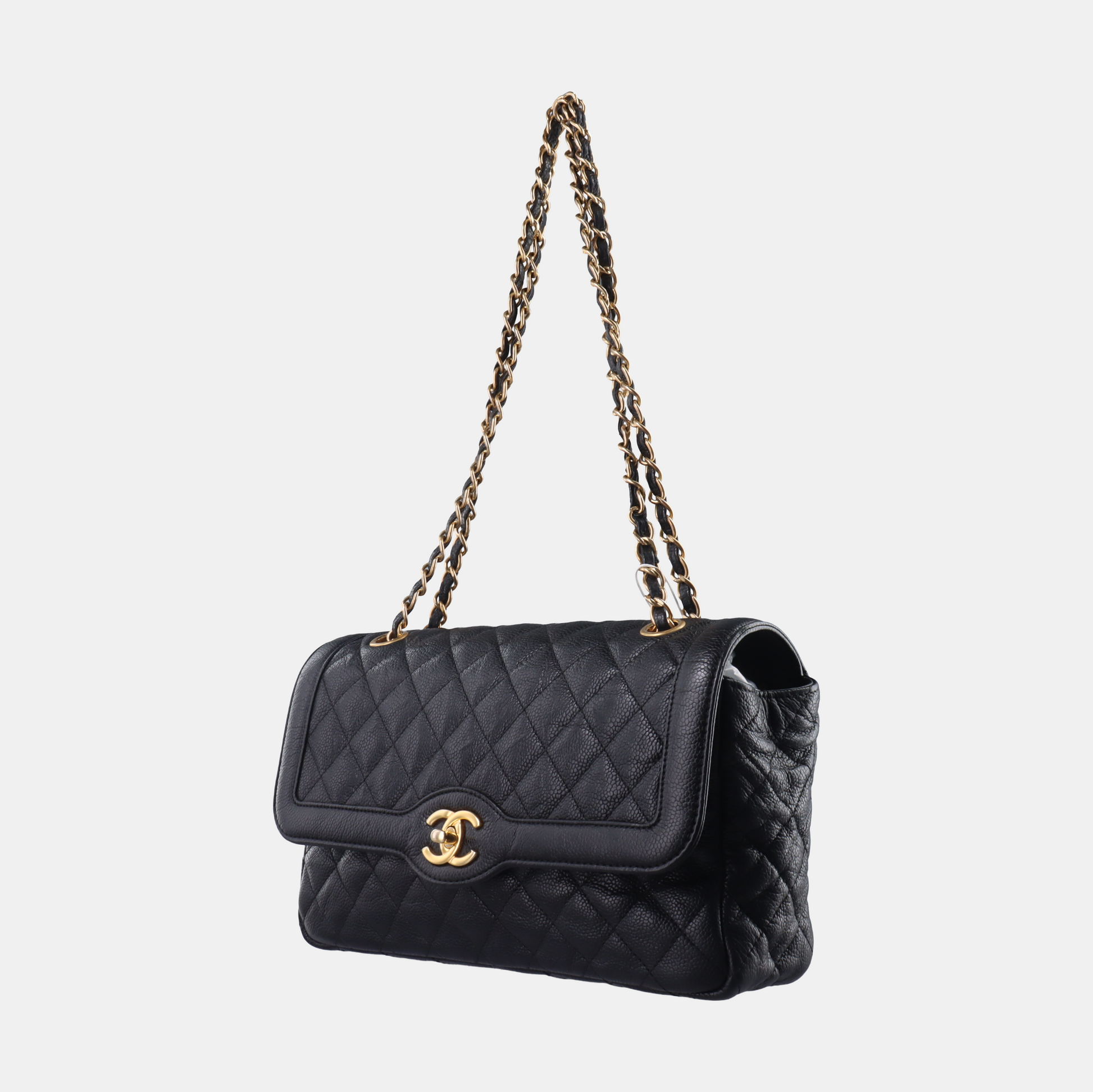 Chanel Classic Flap Caviar Hardware Black Gold Leather Handbag