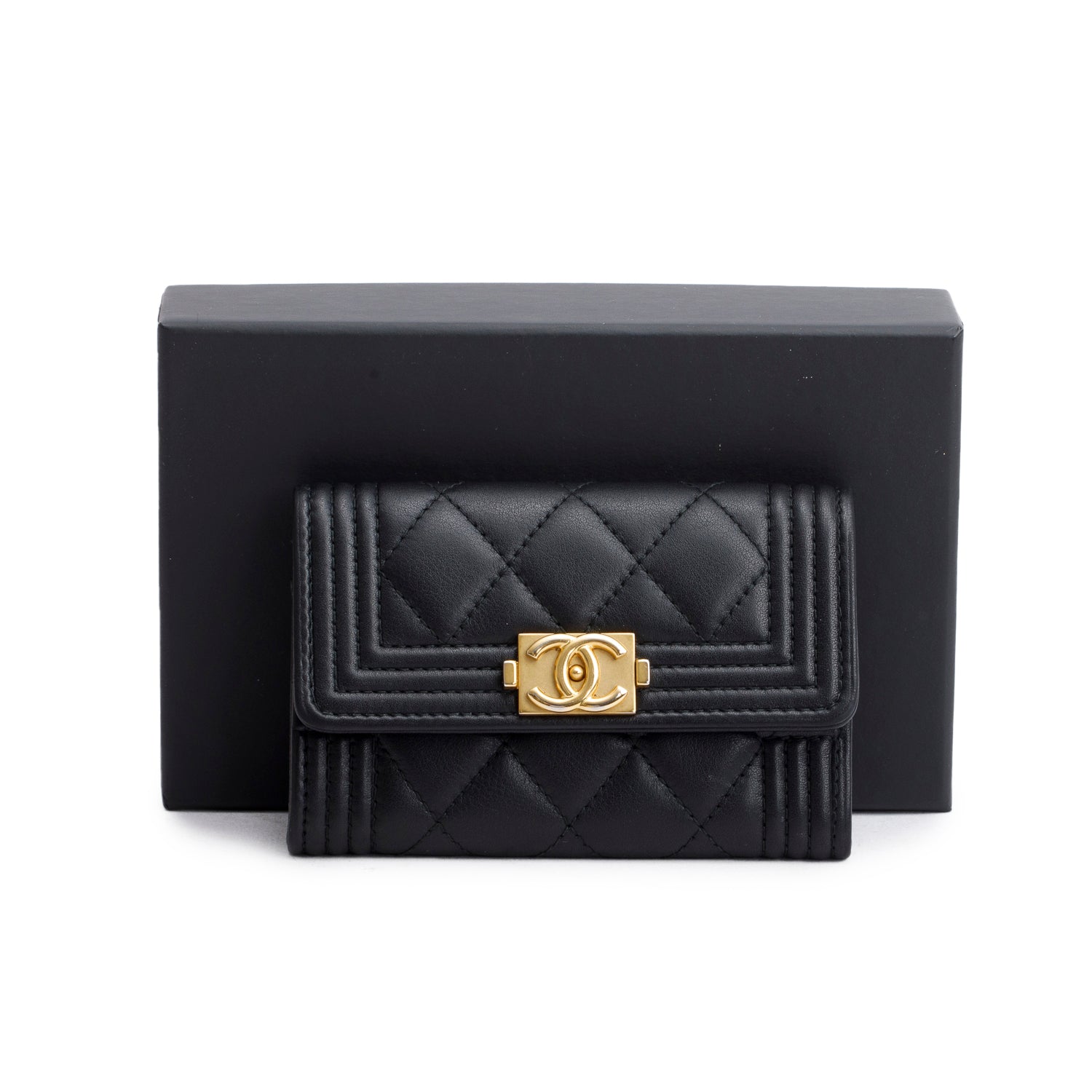 Chanel Boy Flap Card Holder Lambskin Black Wallet Case