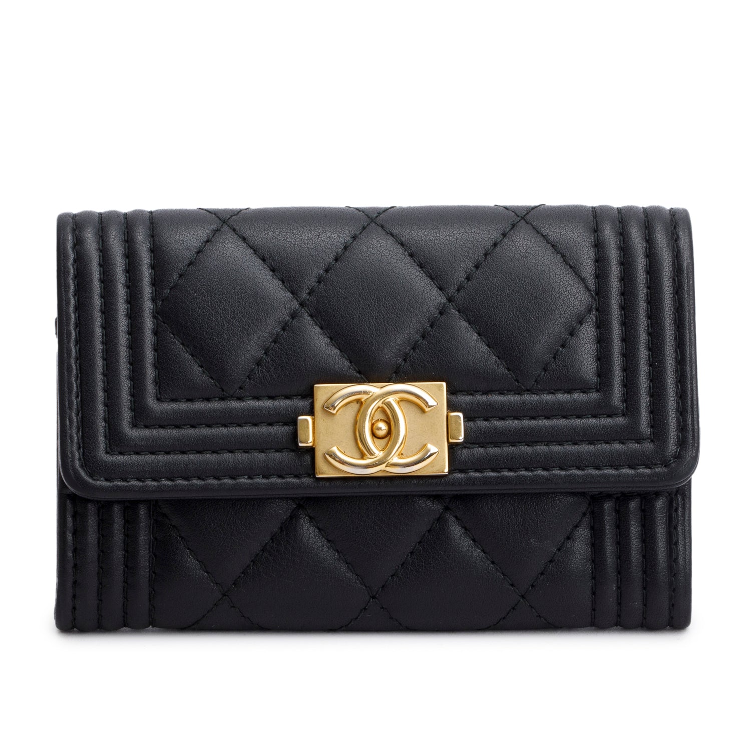 Chanel Boy Flap Card Holder Lambskin Black Wallet Case