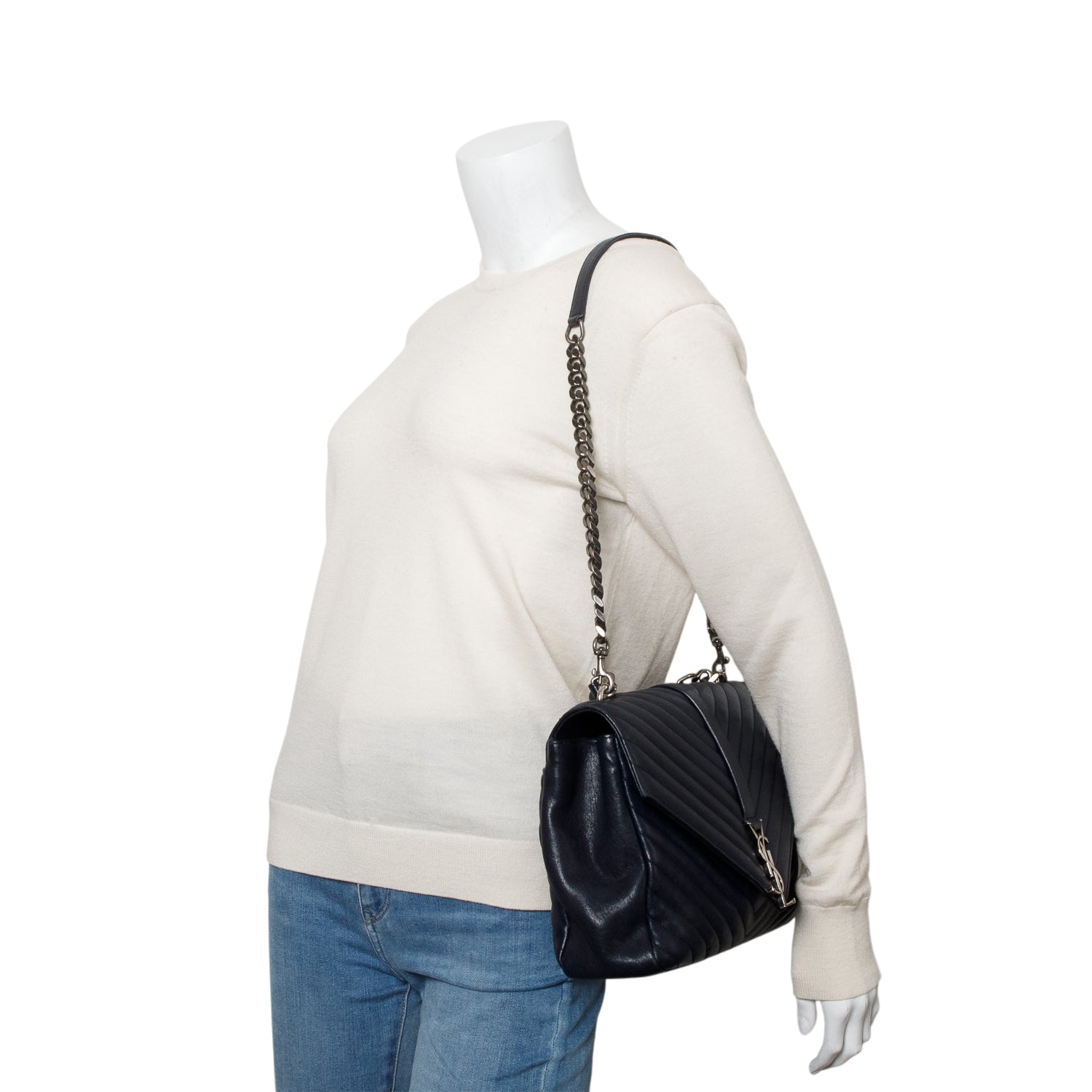 YSL Saint Laurent Navy Chevron College Bag Leather Large Travel Bag