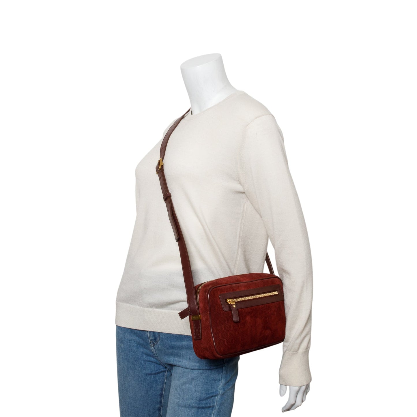 YSL Saint Laurent Burgundy All Over Camera Bag Suede Monogram Crossbody Bag