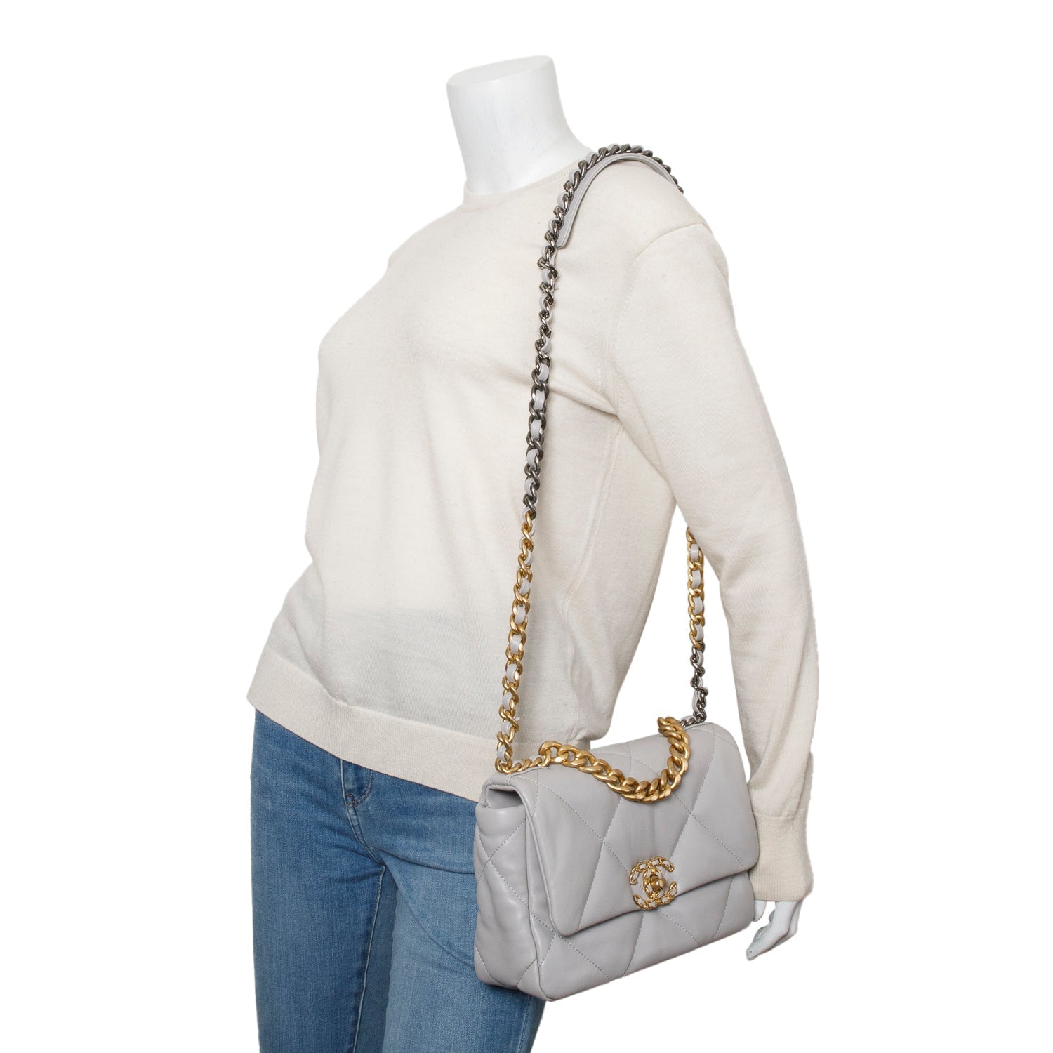 Chanel 19 Flap Leather Lambskin Grey Travel Bag