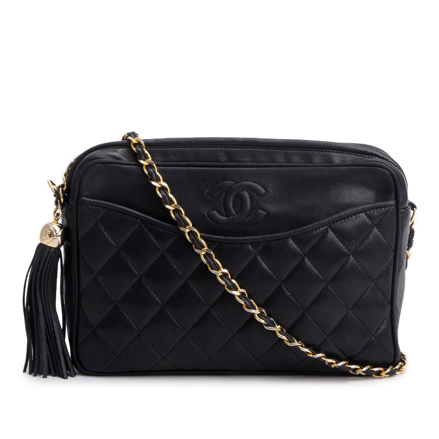 Chanel Quilted CC Tassel Camera Leather Lambskin Black Travel Bag