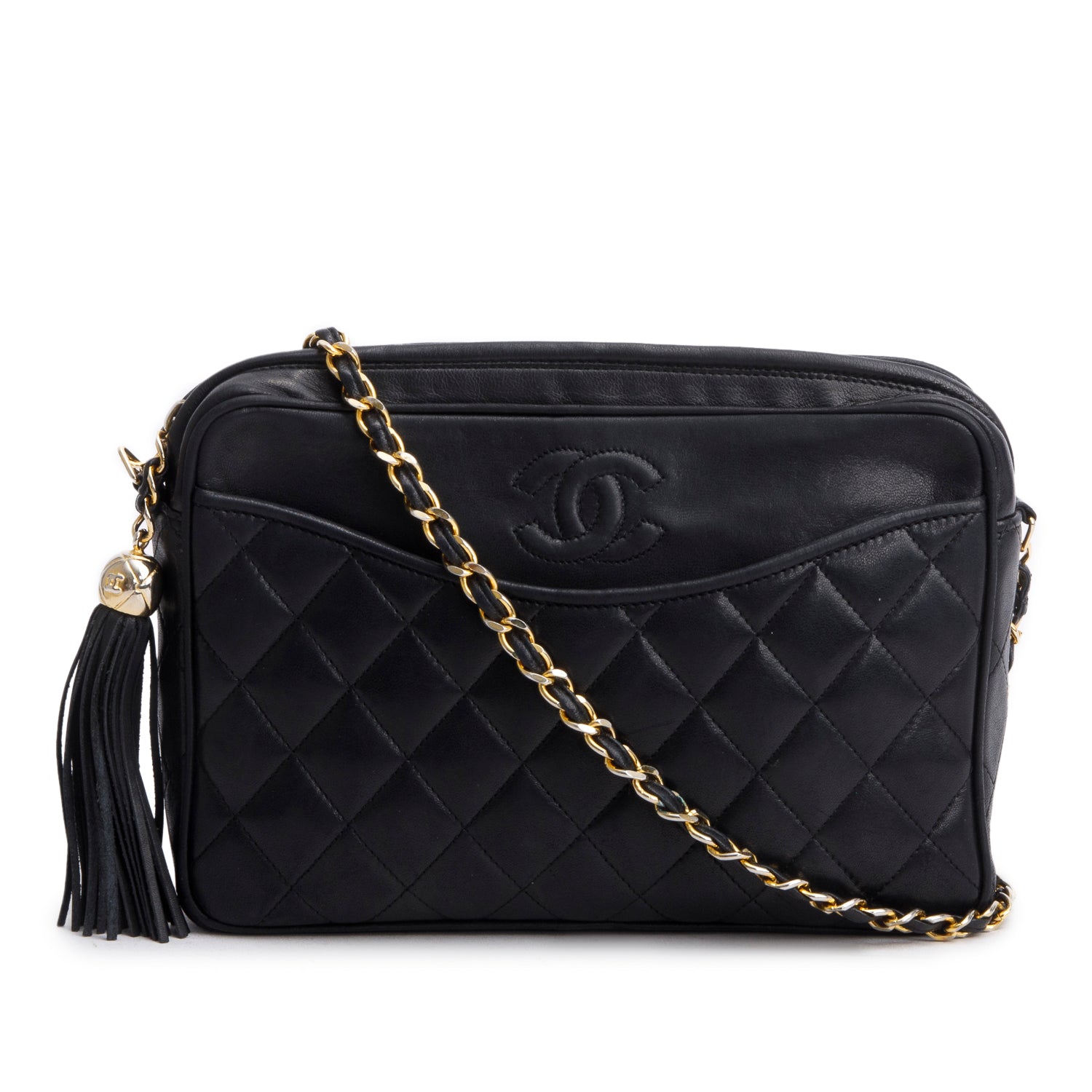 Chanel Quilted CC Tassel Camera Leather Lambskin Black Travel Bag