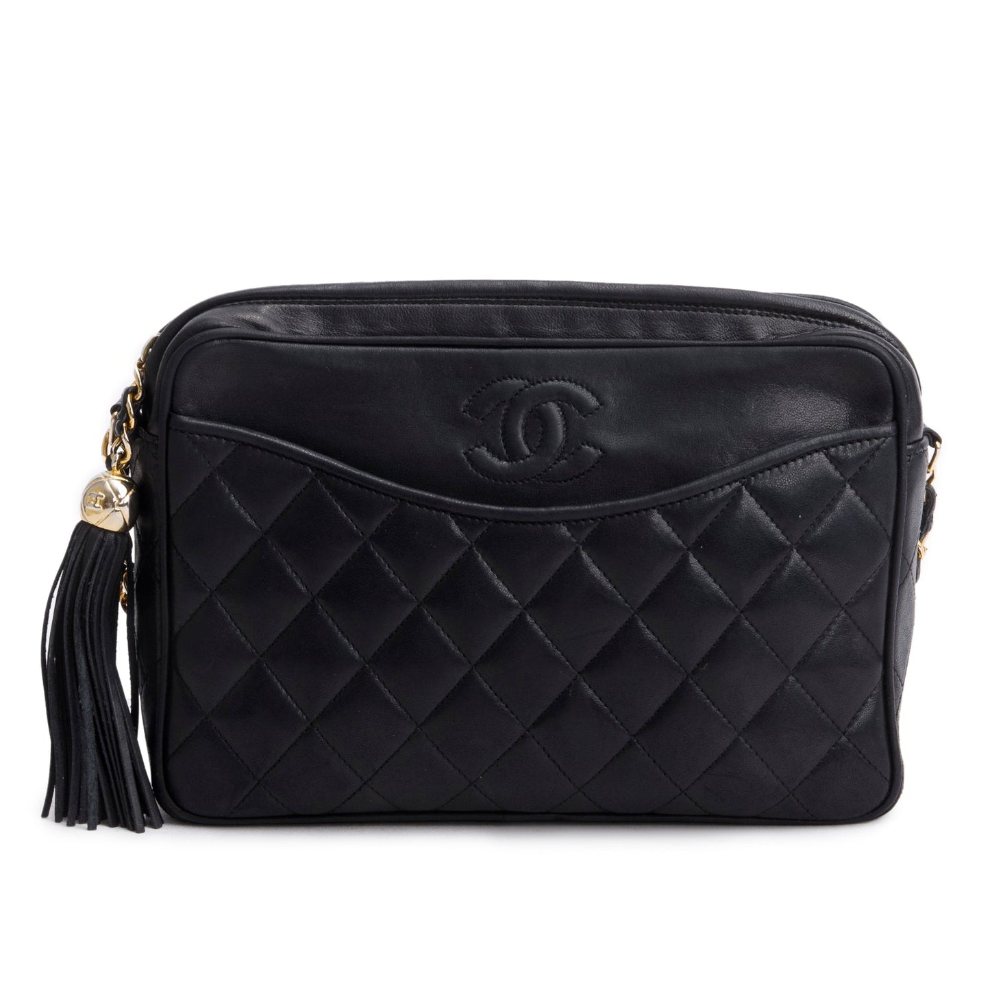Chanel Quilted CC Tassel Camera Leather Lambskin Black Travel Bag