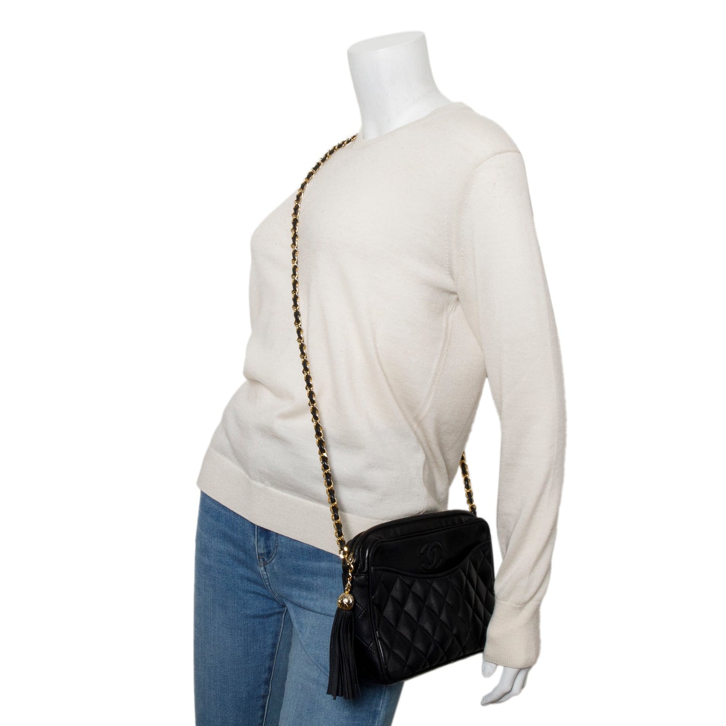 Chanel Quilted CC Tassel Camera Leather Lambskin Black Travel Bag