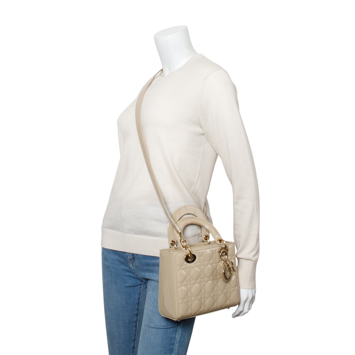 Dior Christian Patent Cannage Lady Handbag Leather Beige Travel Bag