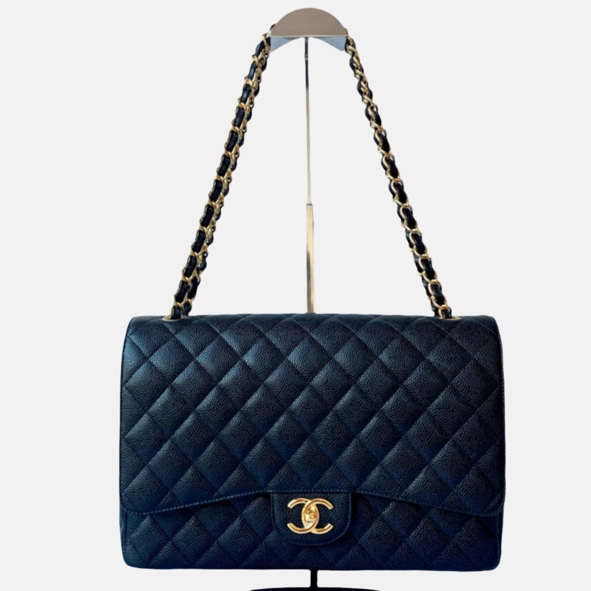 Chanel Classic Flap Maxi Caviar Double Flap Black Gold Leather Handbag