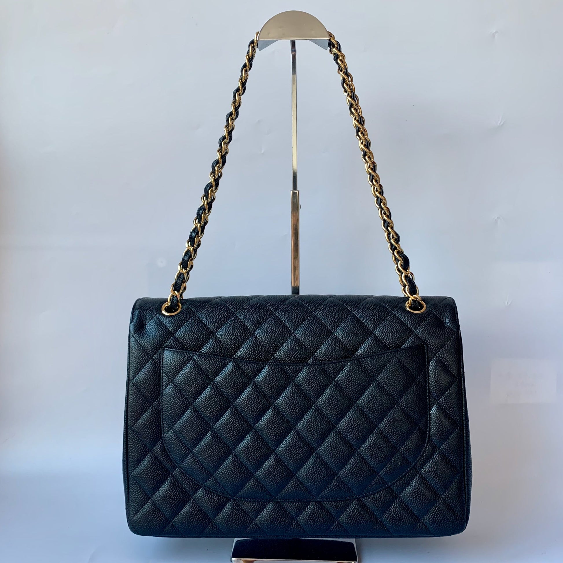 Chanel Classic Flap Maxi Caviar Double Flap Black Gold Leather Handbag