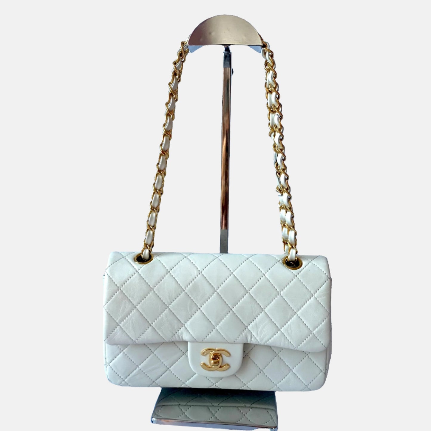 Chanel Classic Flap Lambskin 24k Hardware White Gold Leather Handbag