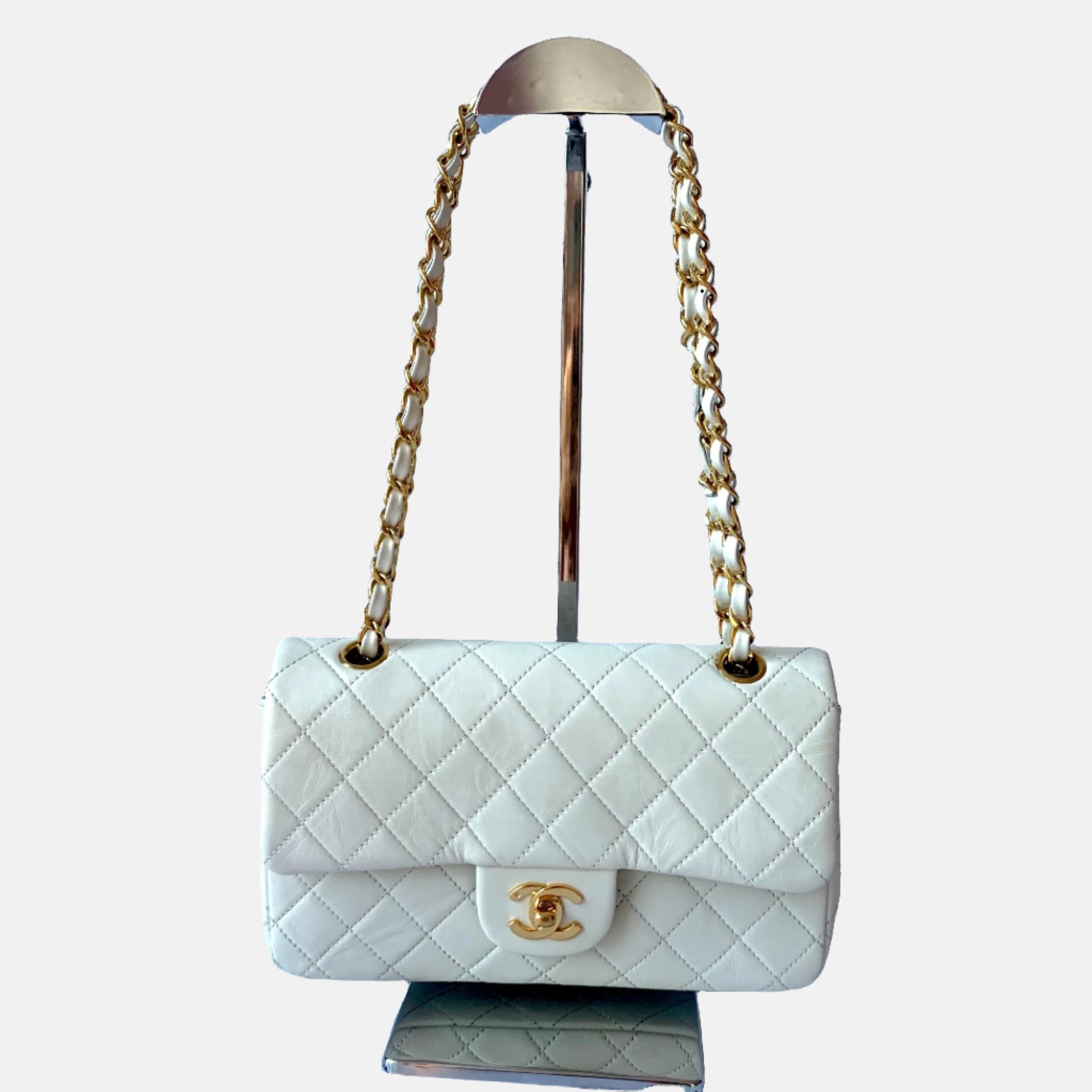 Chanel Classic Flap Lambskin 24k Hardware White Gold Leather Handbag