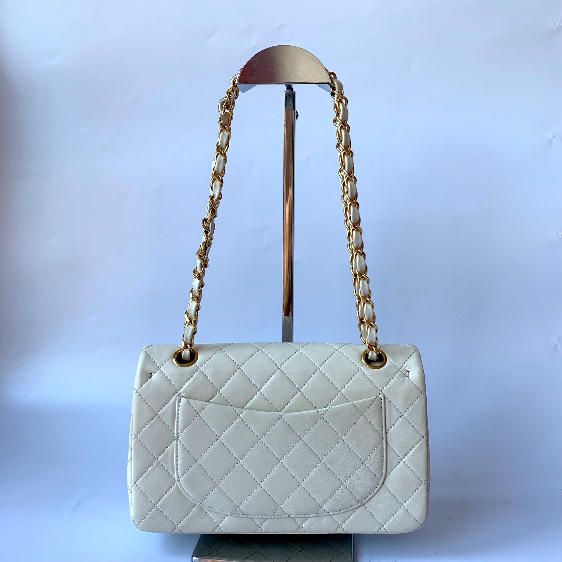 Chanel Classic Flap Lambskin 24k Hardware White Gold Leather Handbag
