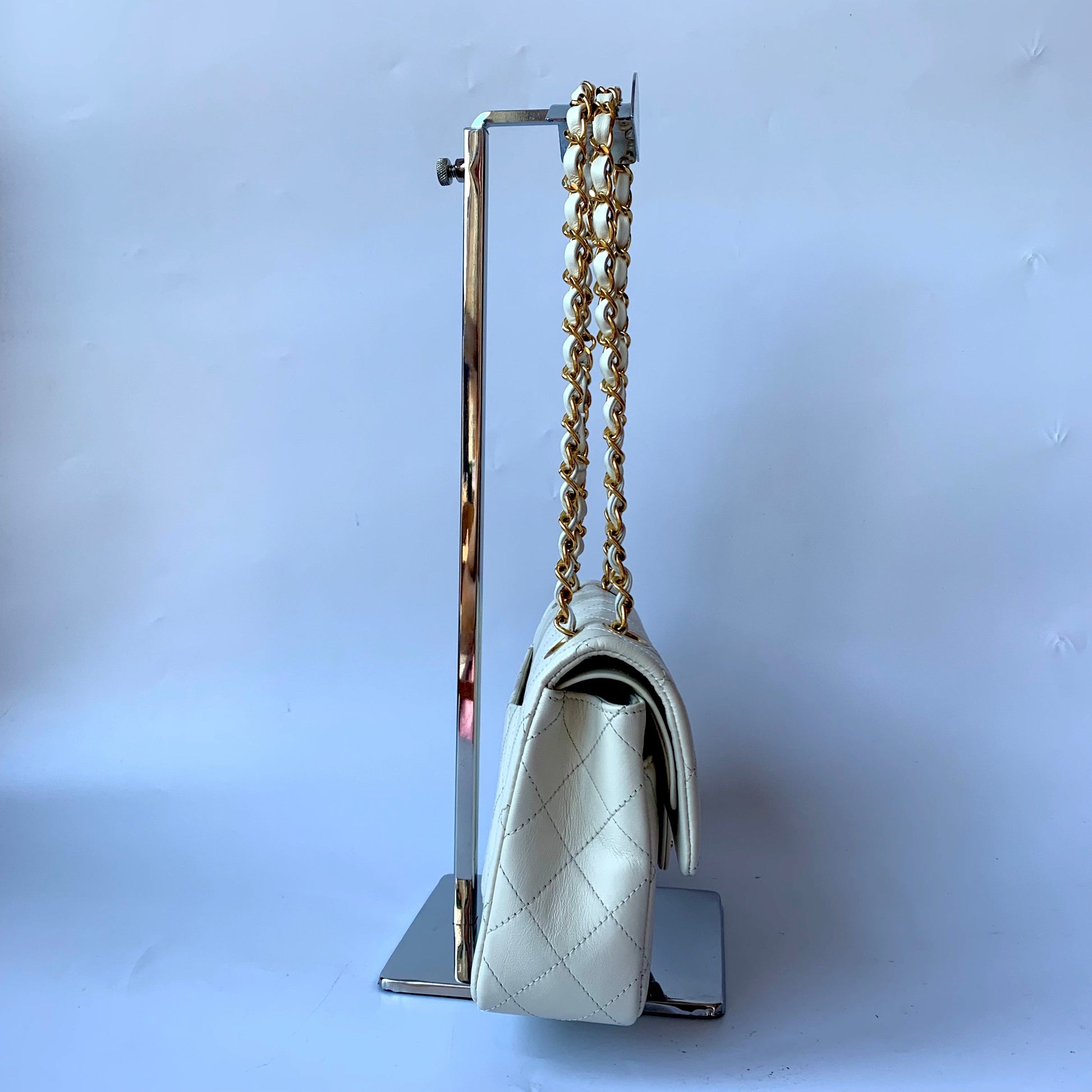 Chanel Classic Flap Lambskin 24k Hardware White Gold Leather Handbag