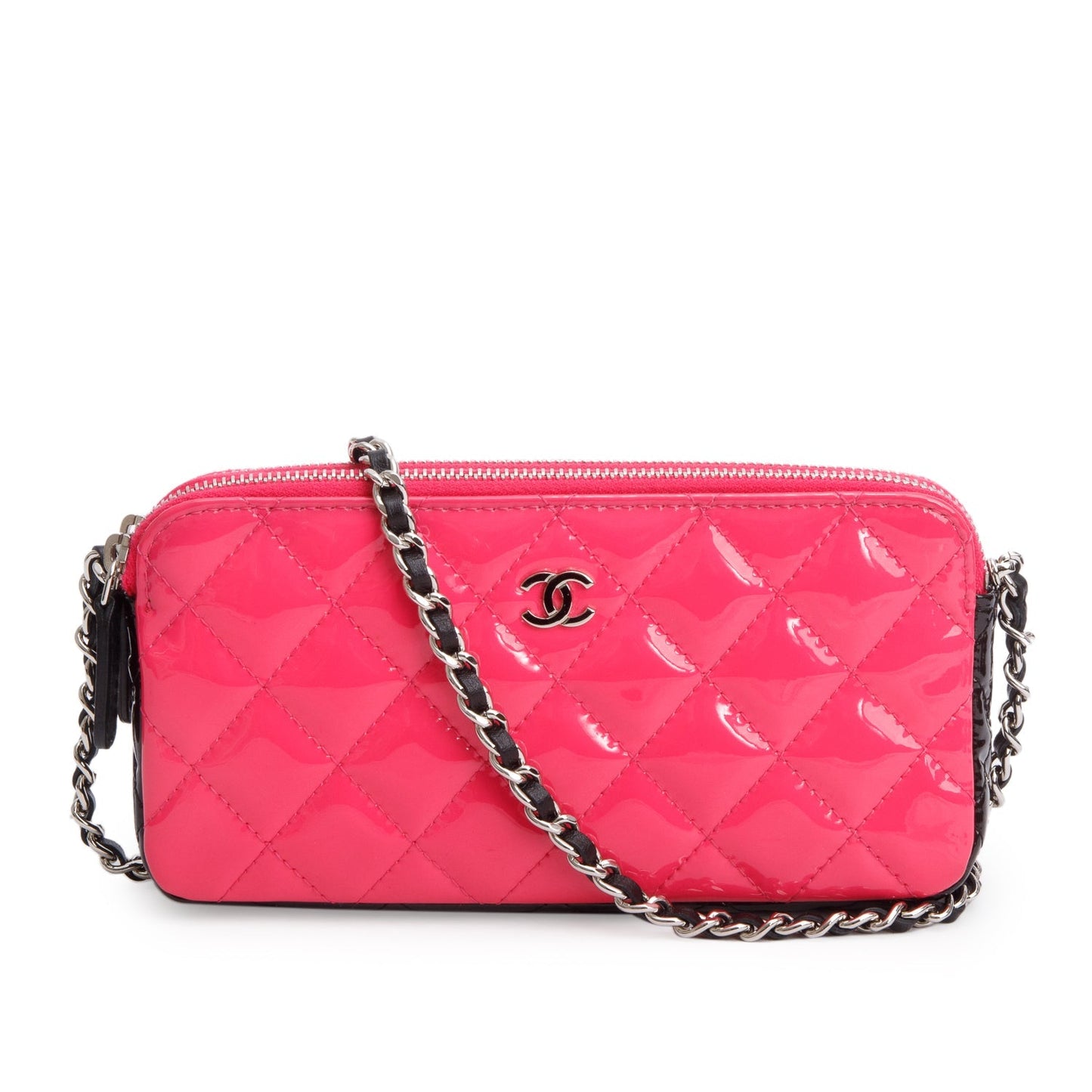 Chanel Patent Quilted Diamond CC Double Leather Black Pink Travel Bag