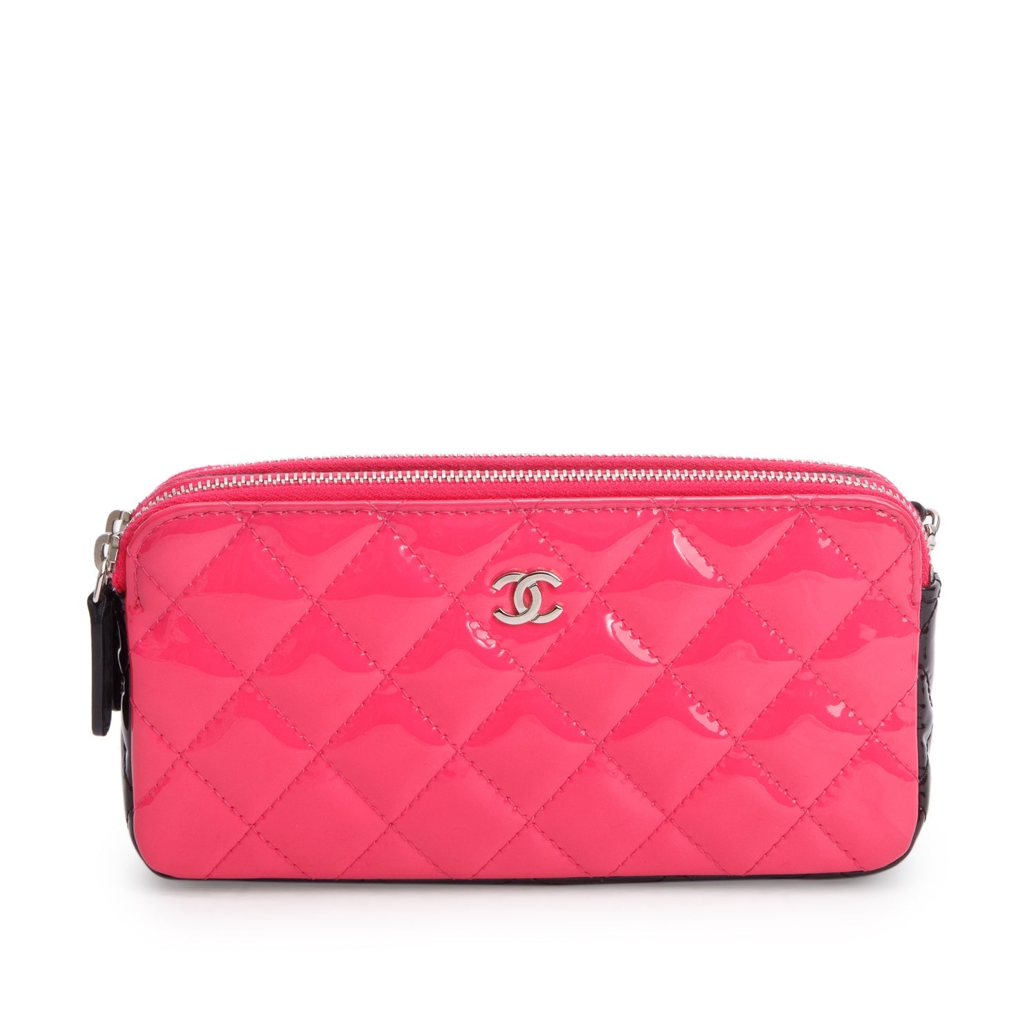 Chanel Patent Quilted Diamond CC Double Leather Black Pink Travel Bag