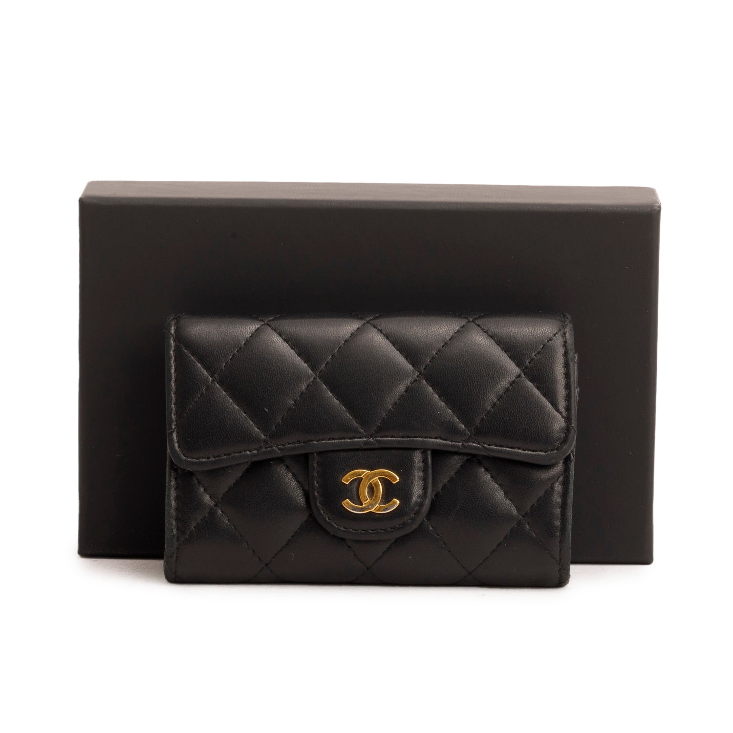 Chanel Quilted Flap Card Holder Lambskin Black Wallet Case W Box