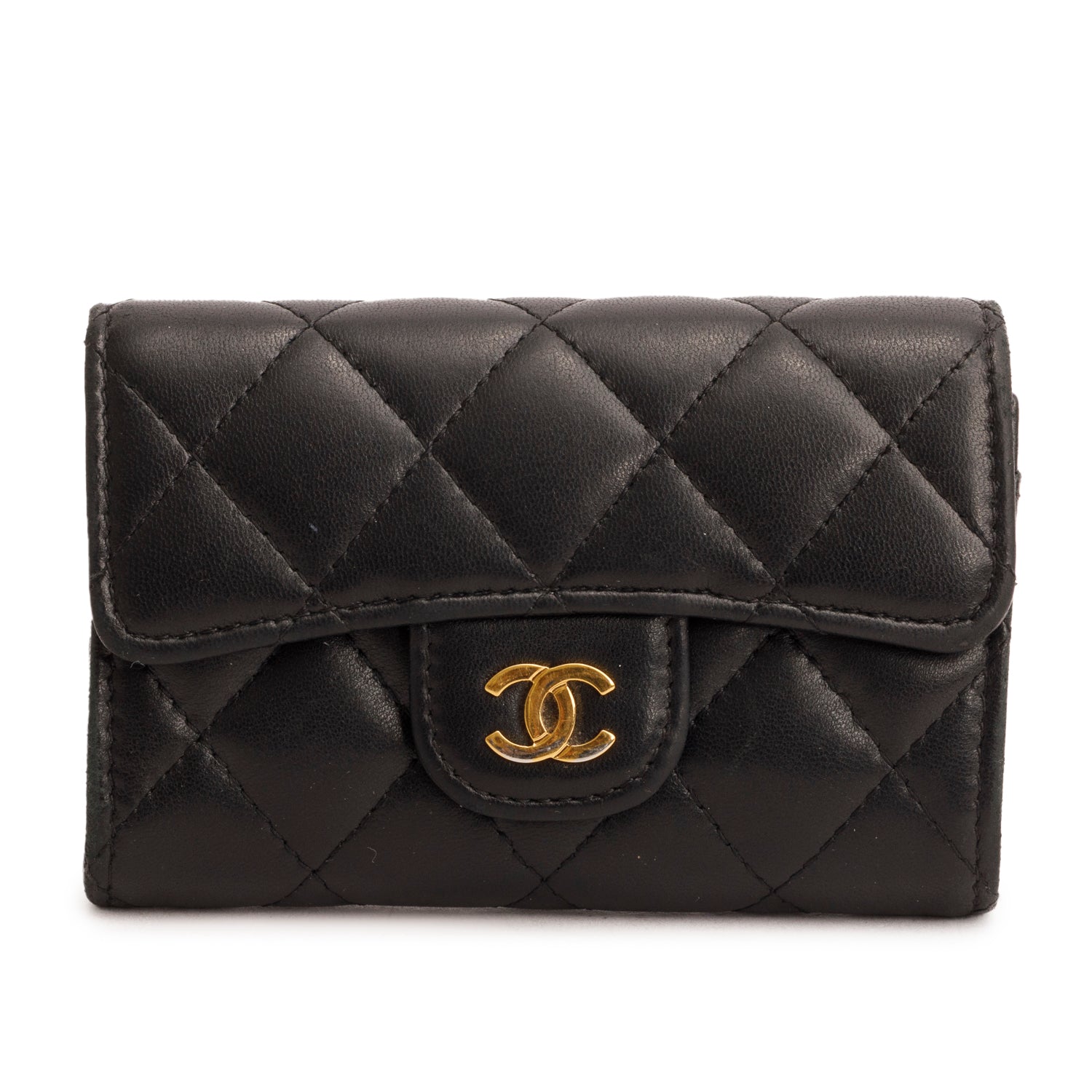 Chanel Quilted Flap Card Holder Lambskin Black Wallet Case W Box