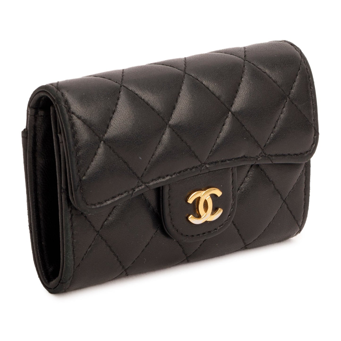 Chanel Quilted Flap Card Holder Lambskin Black Wallet Case W Box
