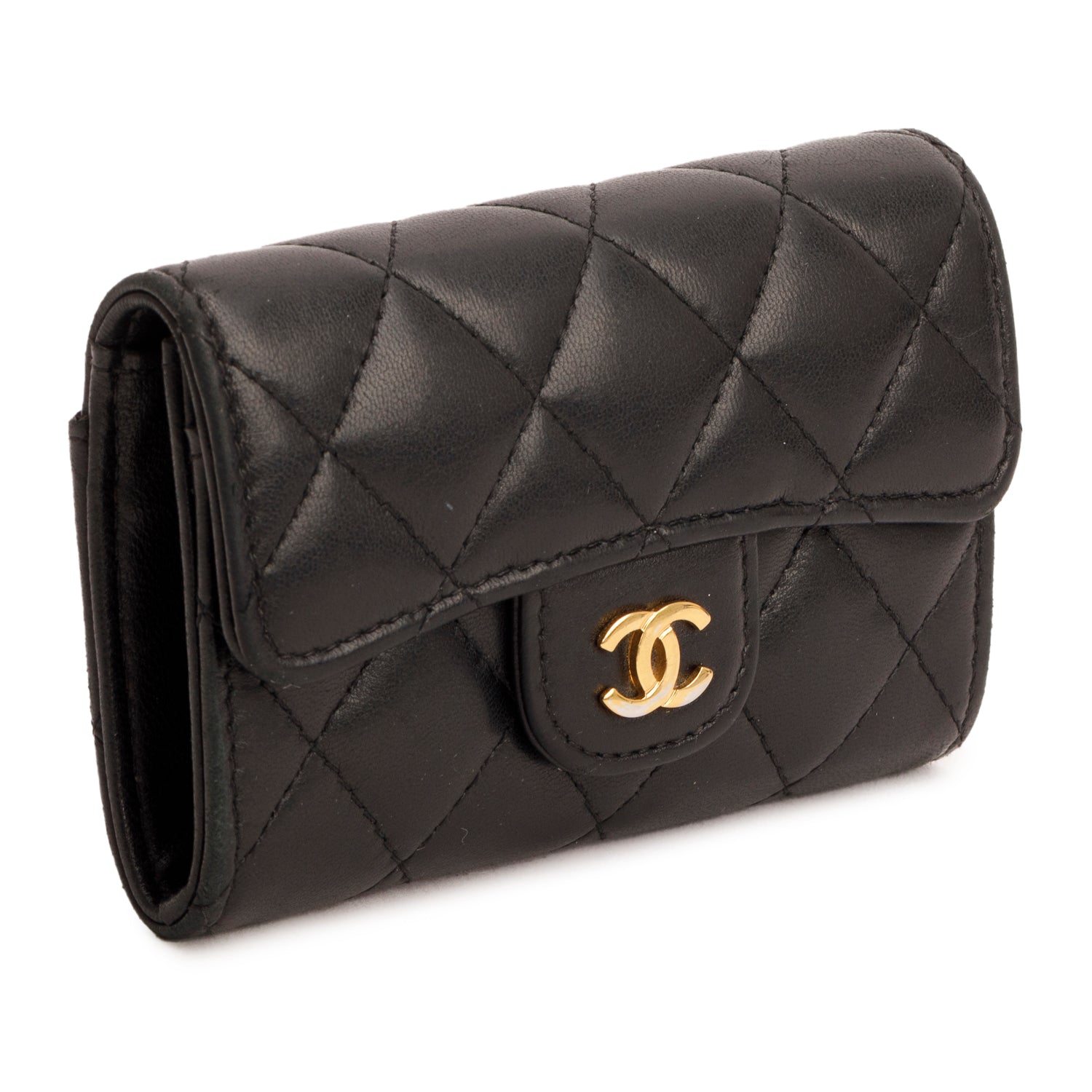 Chanel Quilted Flap Card Holder Lambskin Black Wallet Case W Box