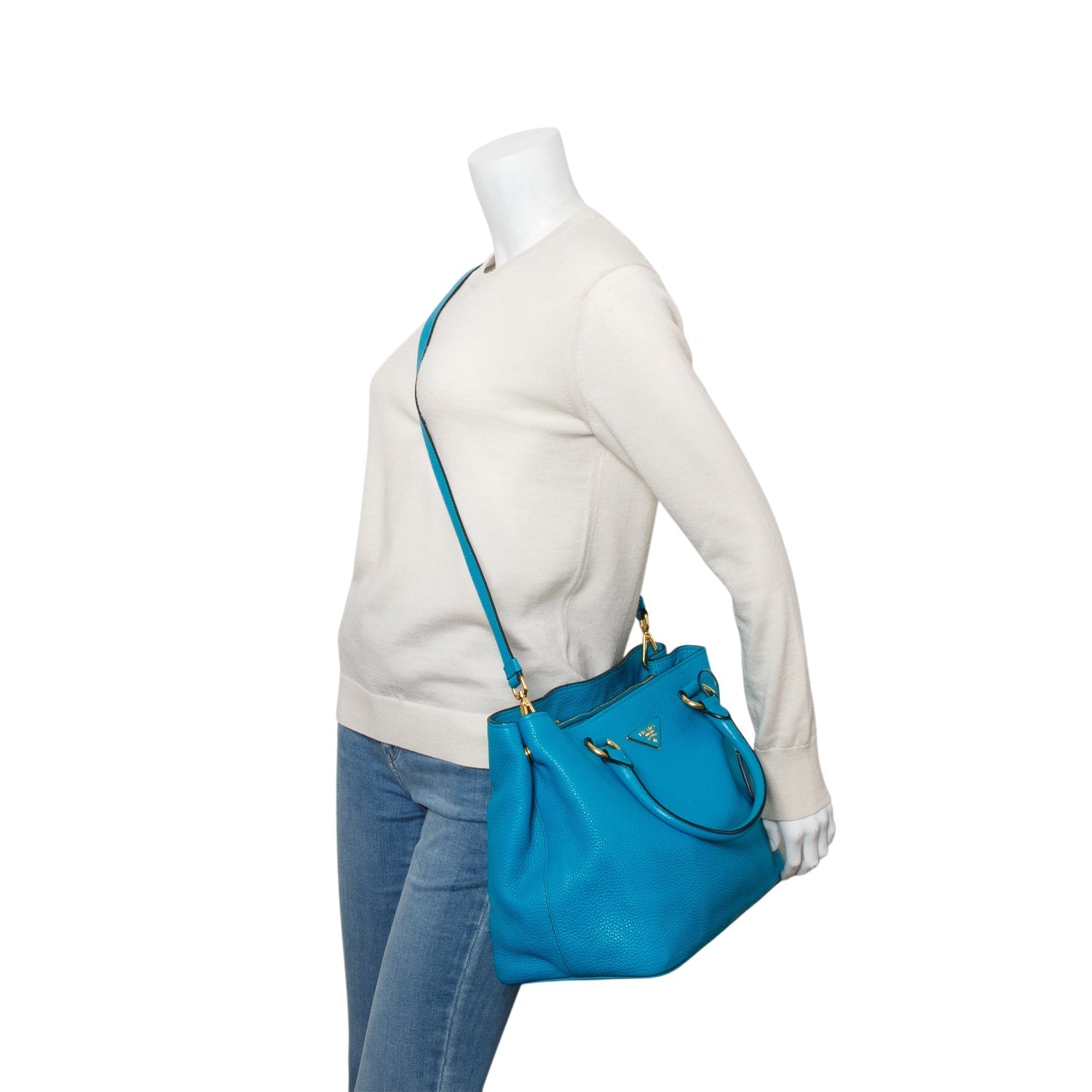 Prada Vitello Daino Convertible Tote Handbag Blue Tote Bag