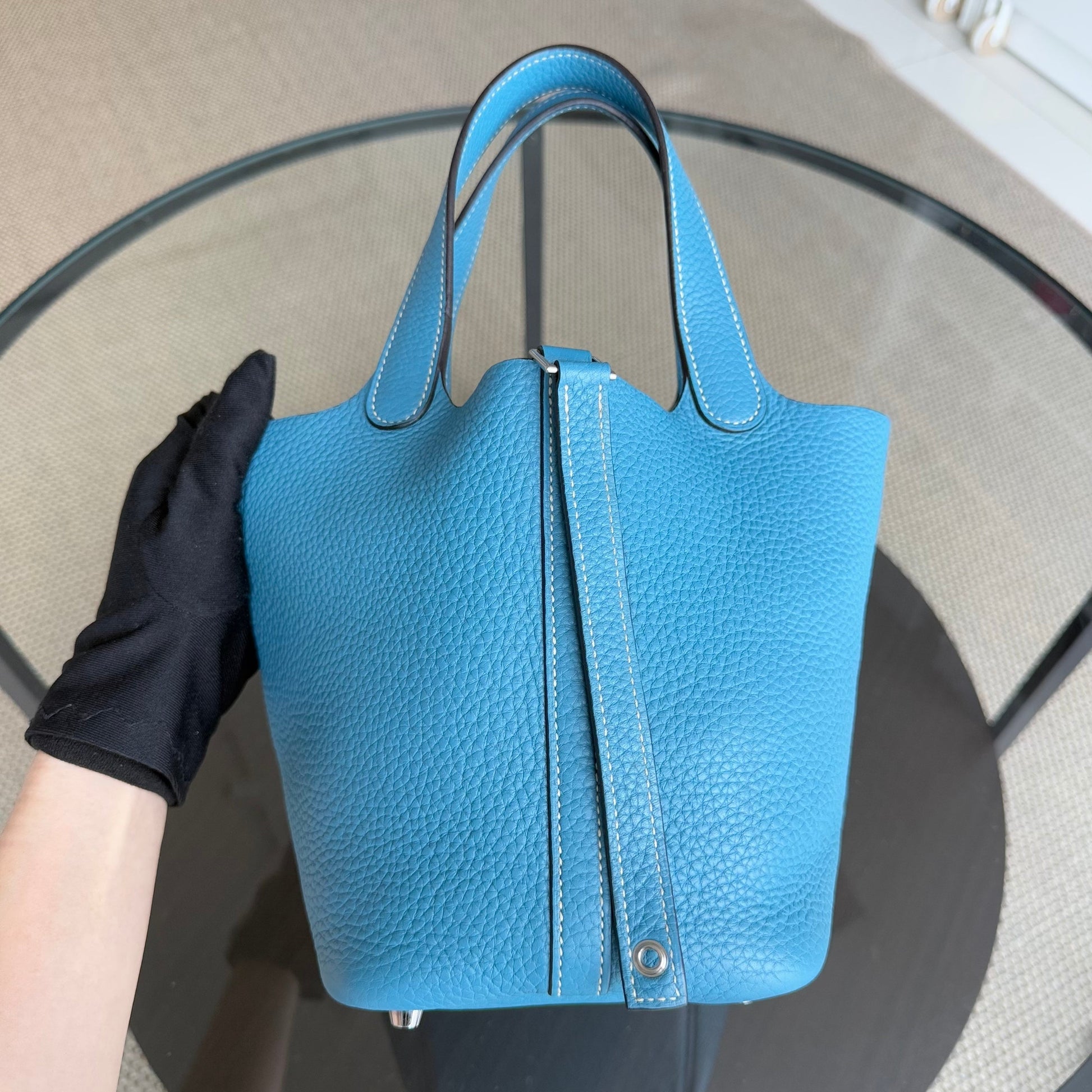 Hermes Picotin New Jean Mauve Pale Square Tc Clemence Blue Silver Travel Bag