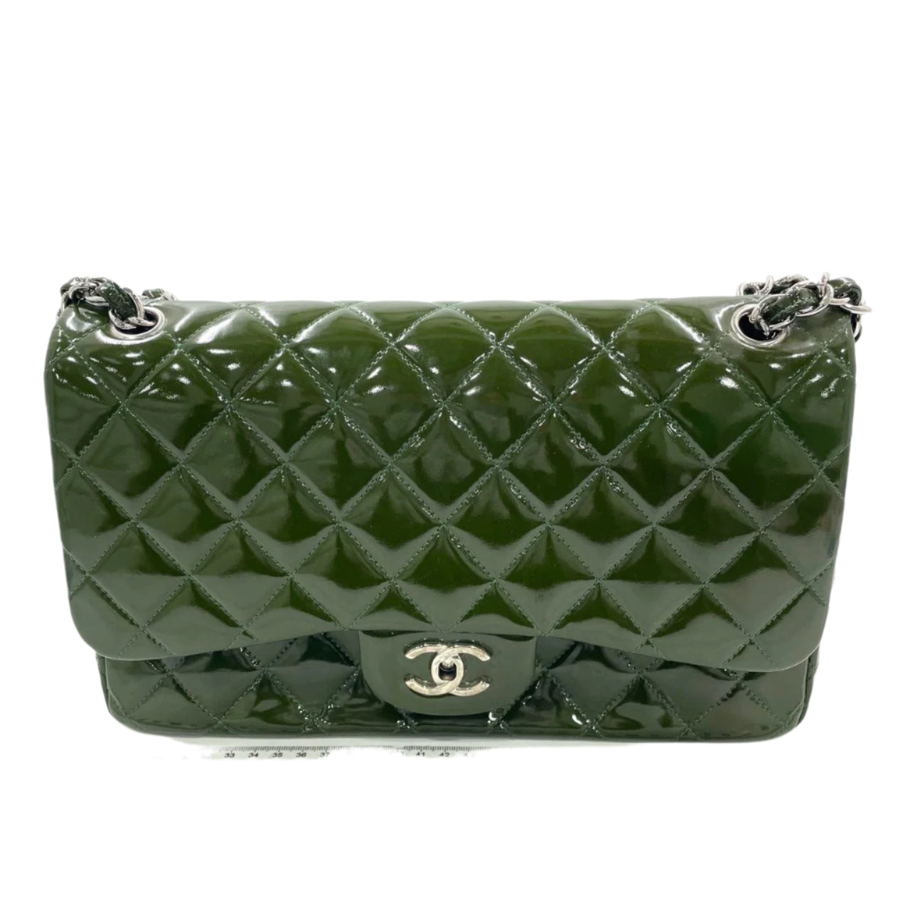 Chanel Classic Flap Jumbo Patent Hardware Green Silver Leather Handbag Silver Hardware