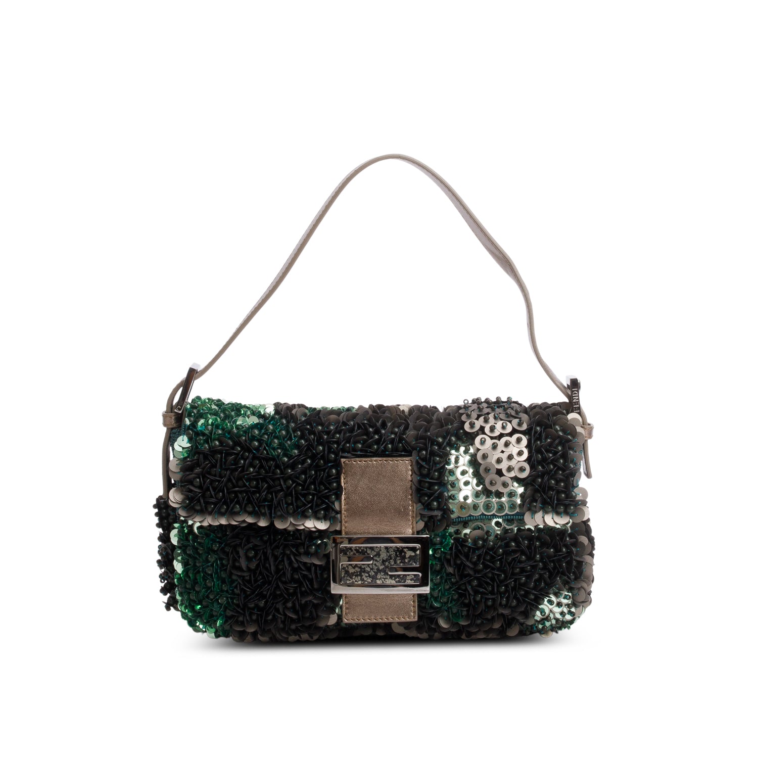 Fendi Vitello Sequin Beaded Baguette Bag Green Travel Bag