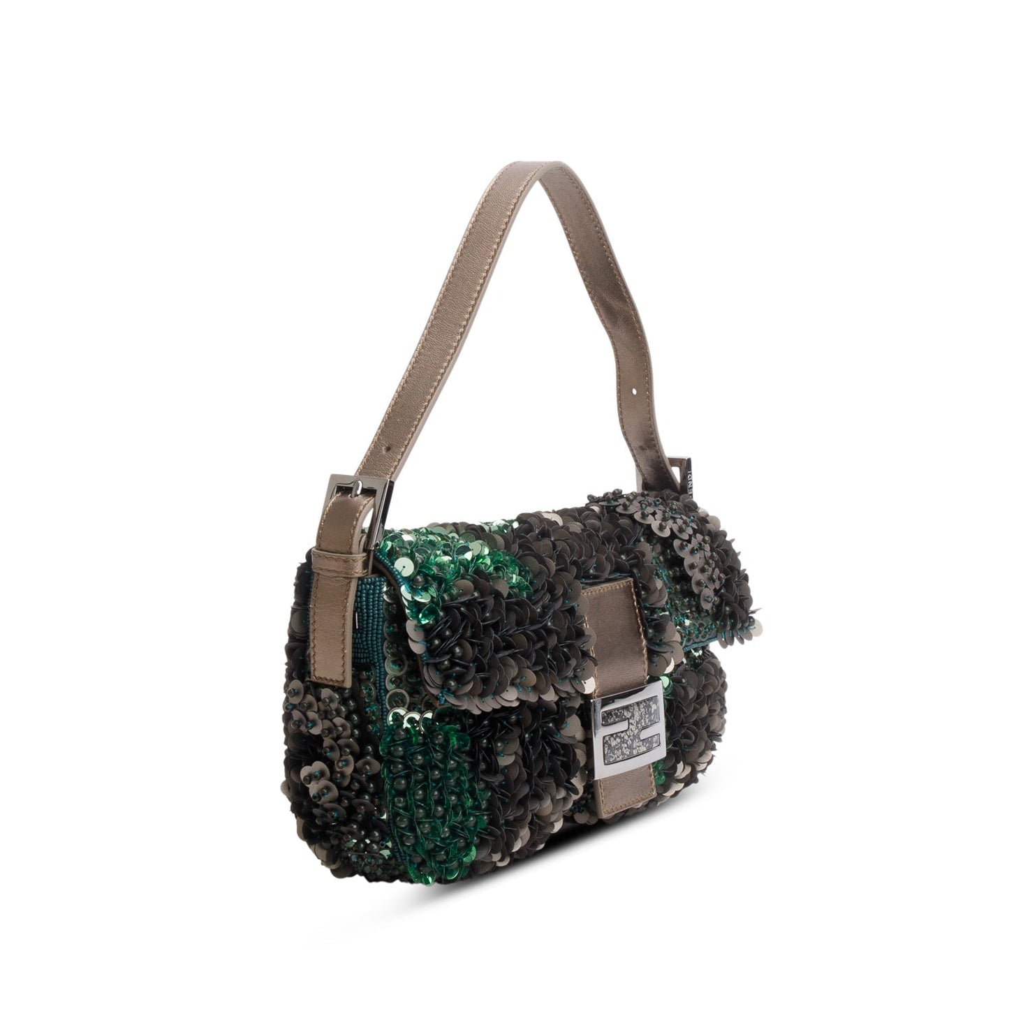 Fendi Vitello Sequin Beaded Baguette Bag Green Travel Bag