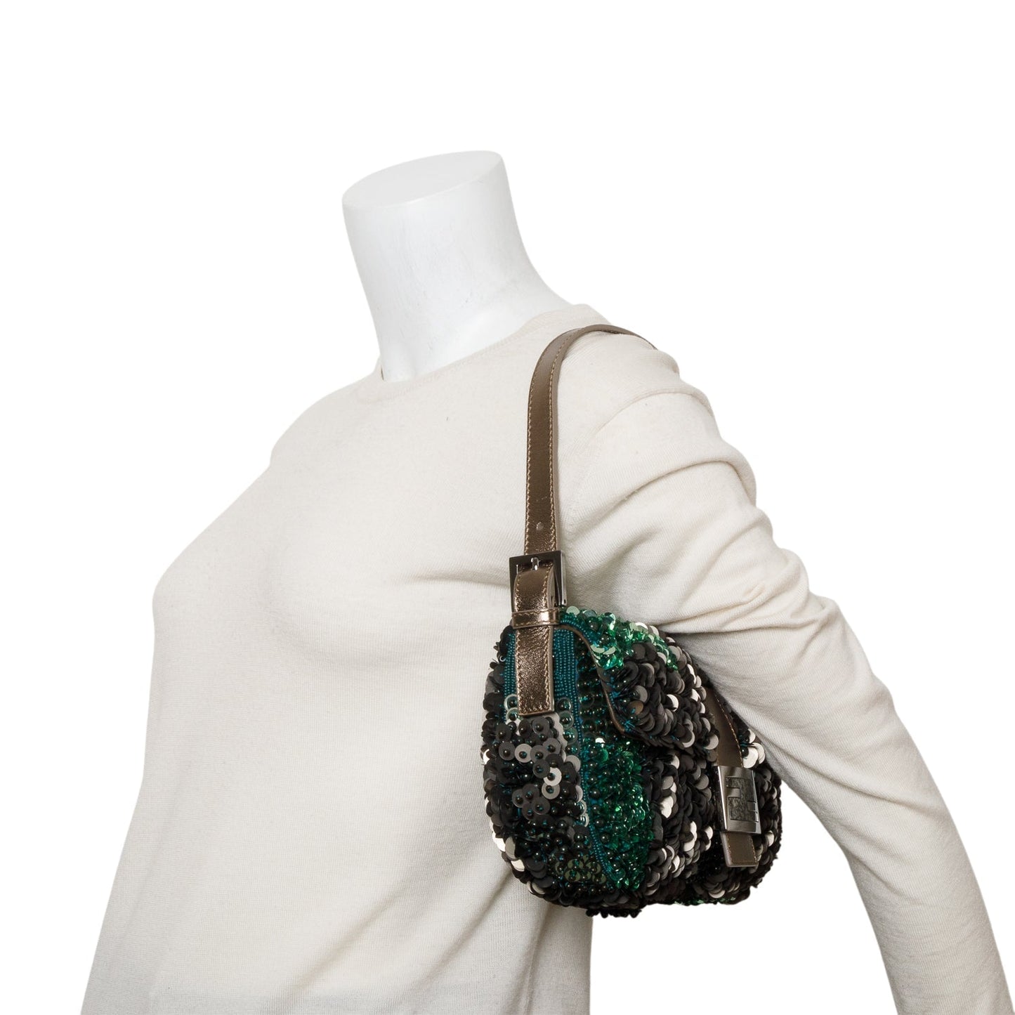 Fendi Vitello Sequin Beaded Baguette Bag Green Travel Bag