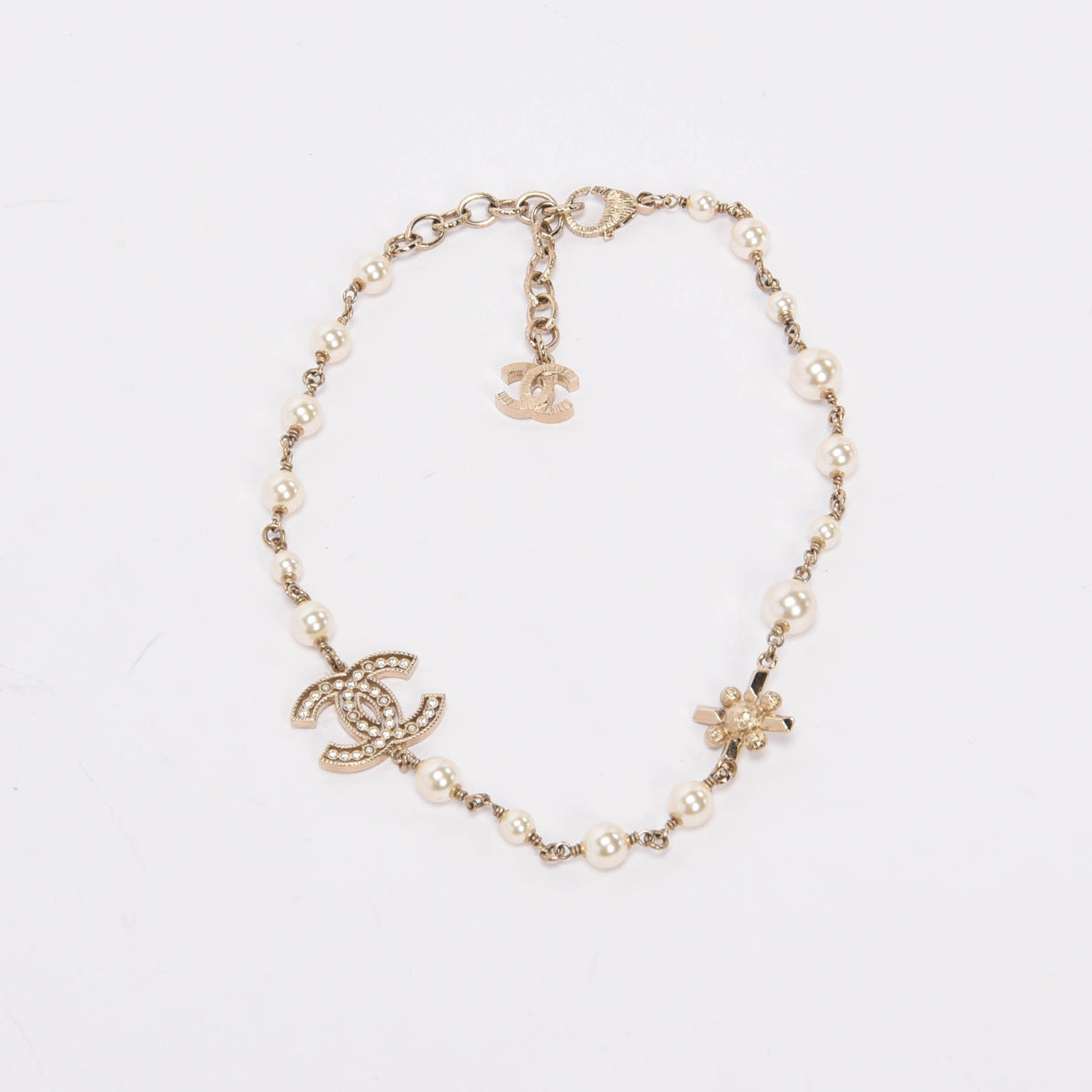 Chanel Gold Tone Pearl & Crystal Cc Necklace