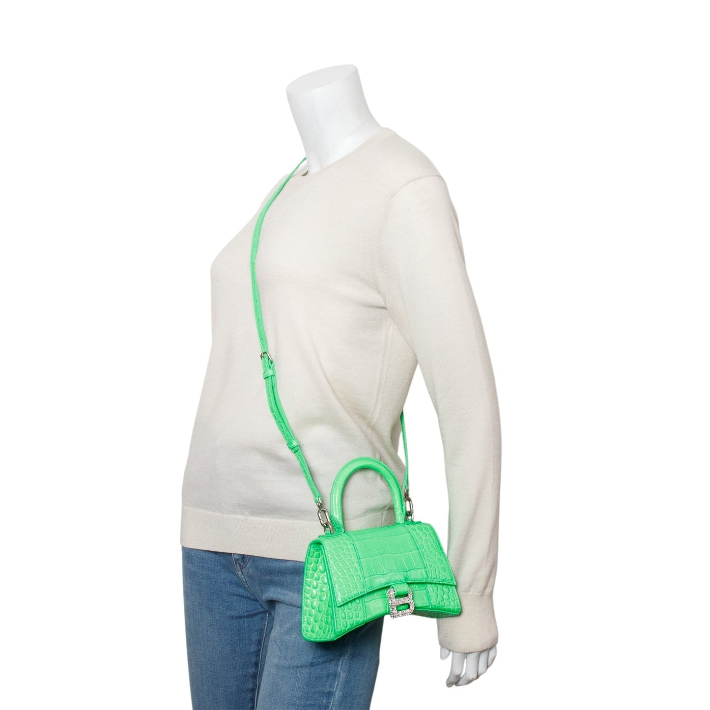 Balenciaga Croc Embossed Xs Hourglass Crystal Top Handle Leather Green Travel Bag