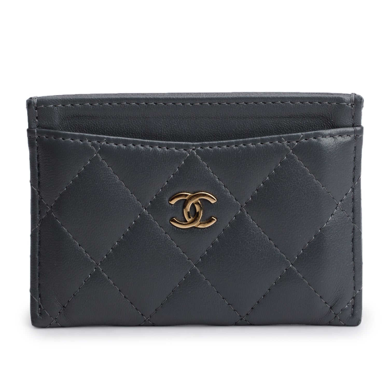 Chanel Classic Card Holder Leather Lambskin Grey Wallet Case