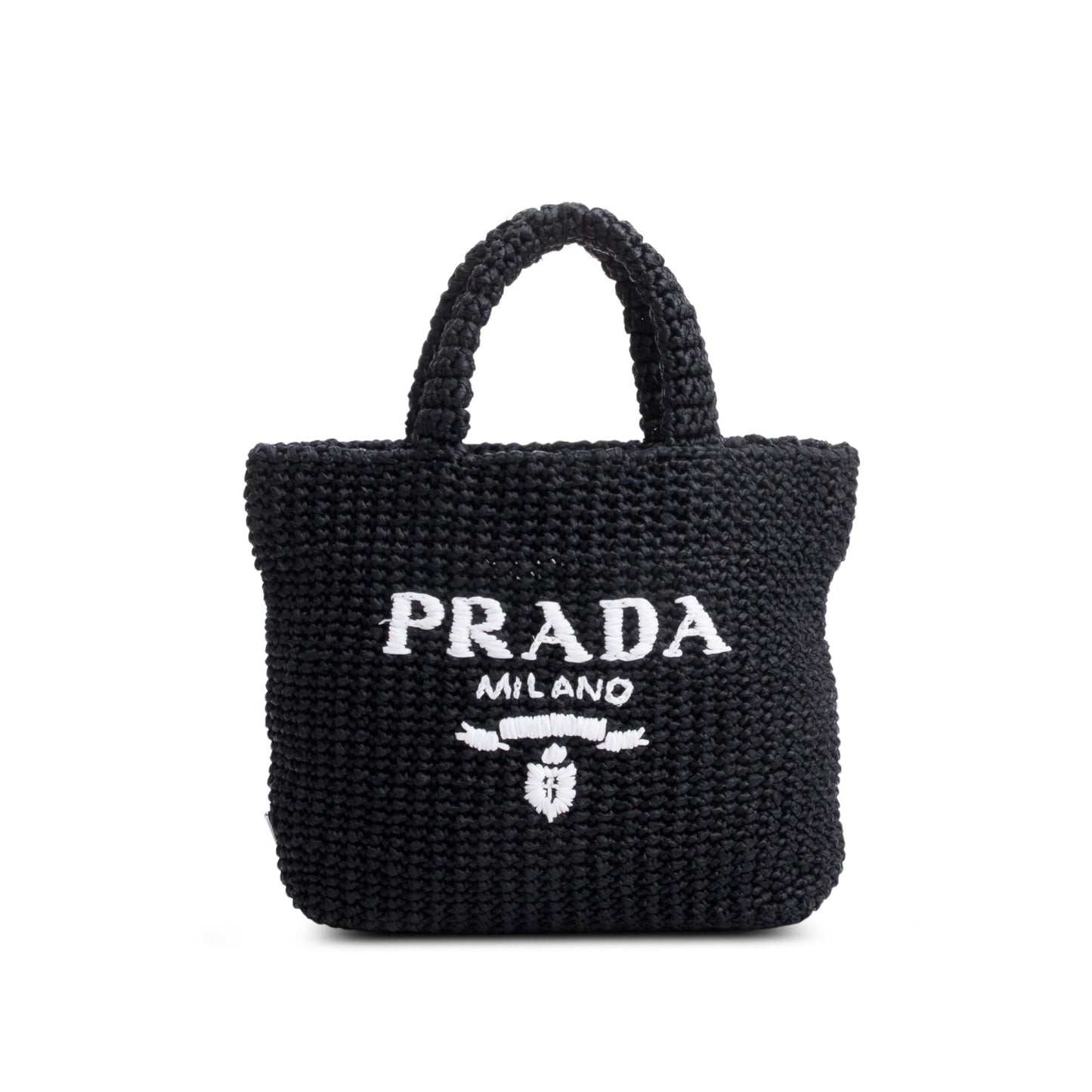 Prada Yarn Effect Crochet Logo Tote Handbag Raffia Black Tote Bag
