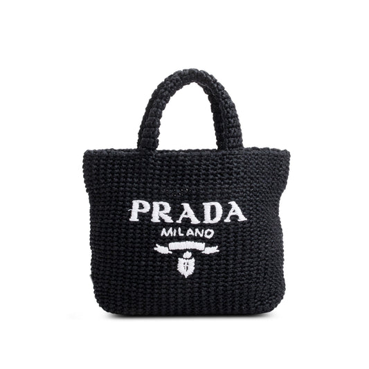 Prada Yarn Effect Crochet Logo Tote Handbag Raffia Black Tote Bag
