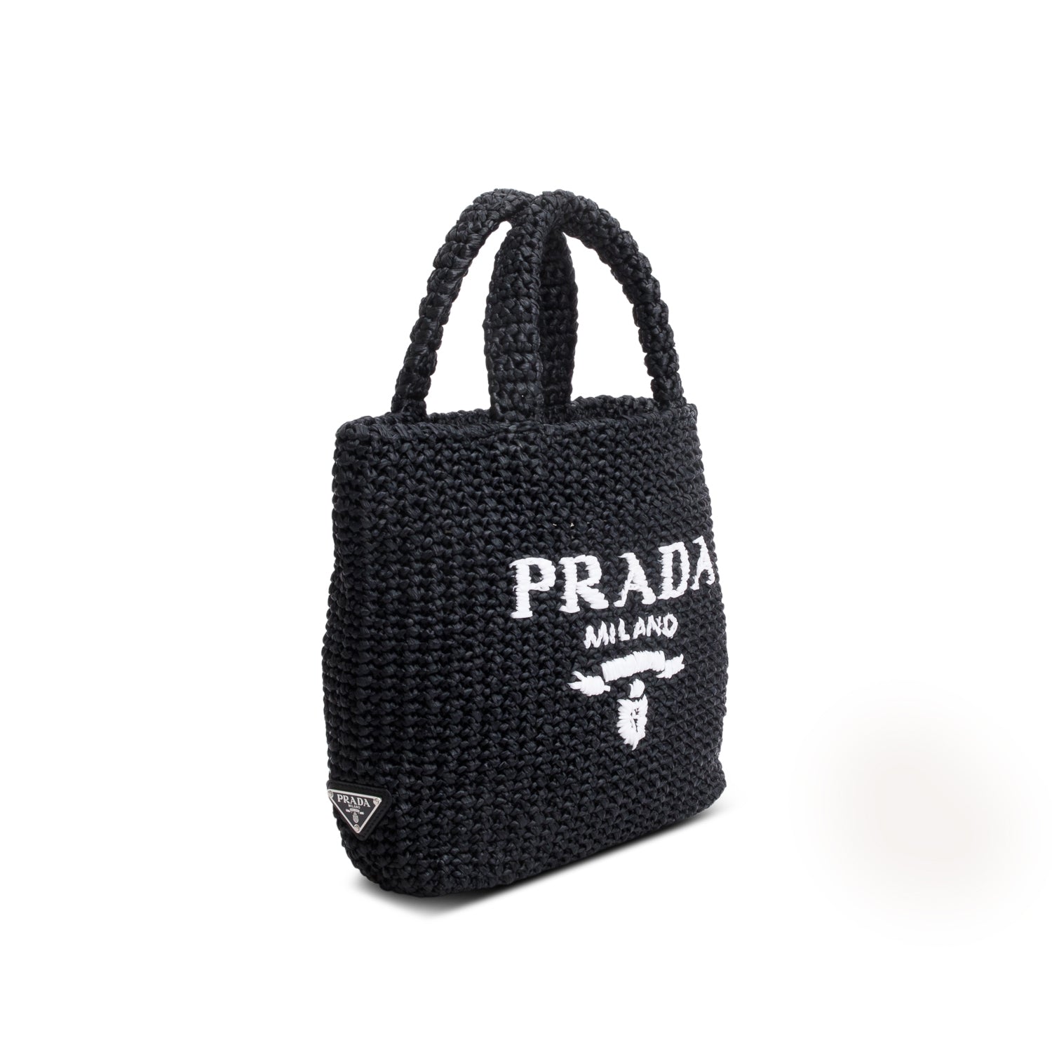 Prada Yarn Effect Crochet Logo Tote Handbag Raffia Black Tote Bag