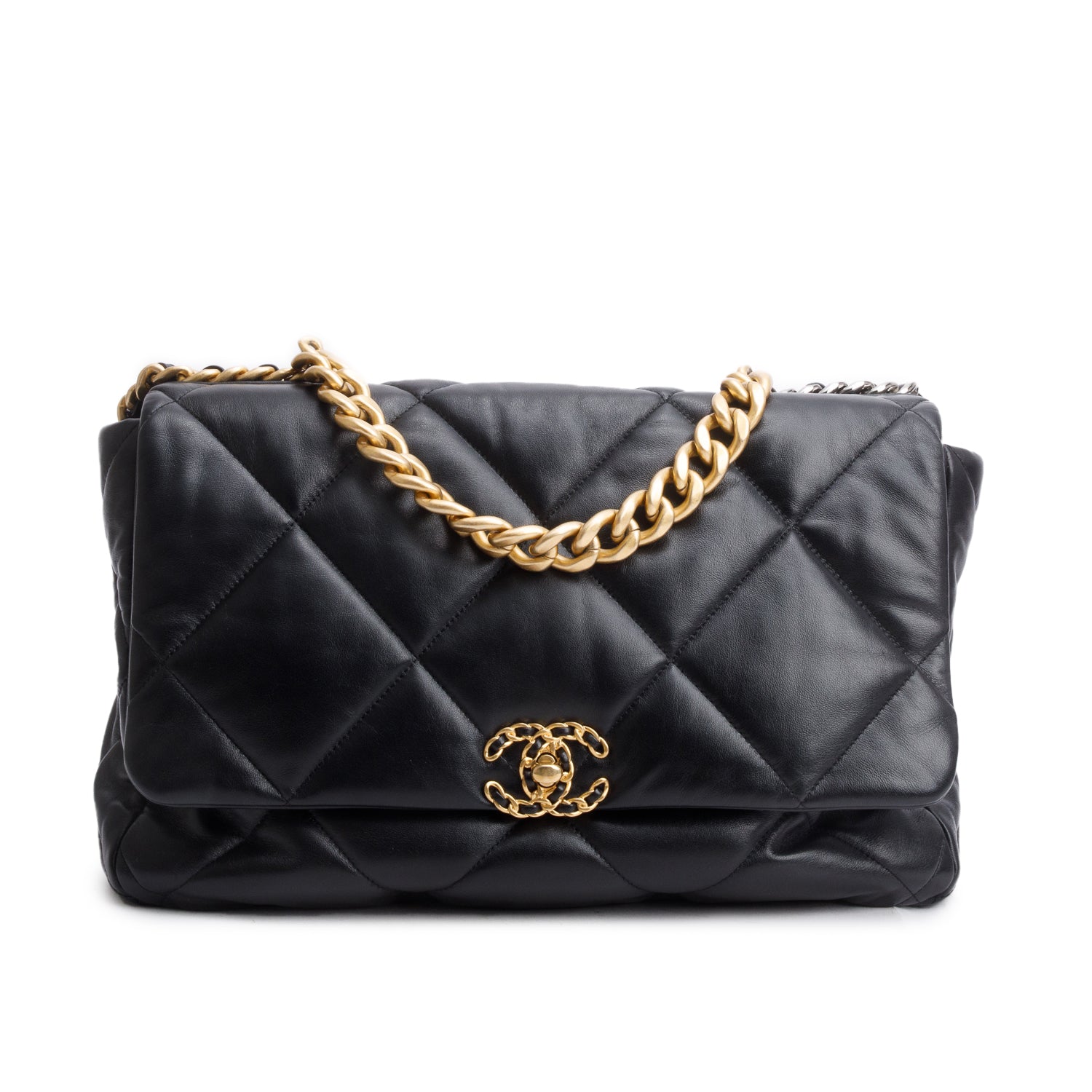 Chanel Maxi 19 Flap Leather Lambskin Black Travel Bag Flap Bag
