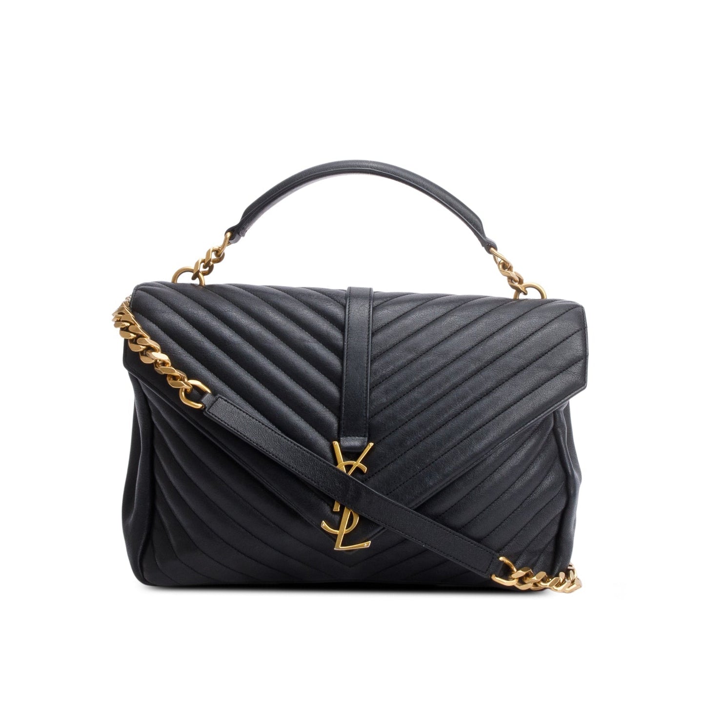 YSL Saint Laurent Chevron College Bag Leather Black Travel Bag Strap 67957