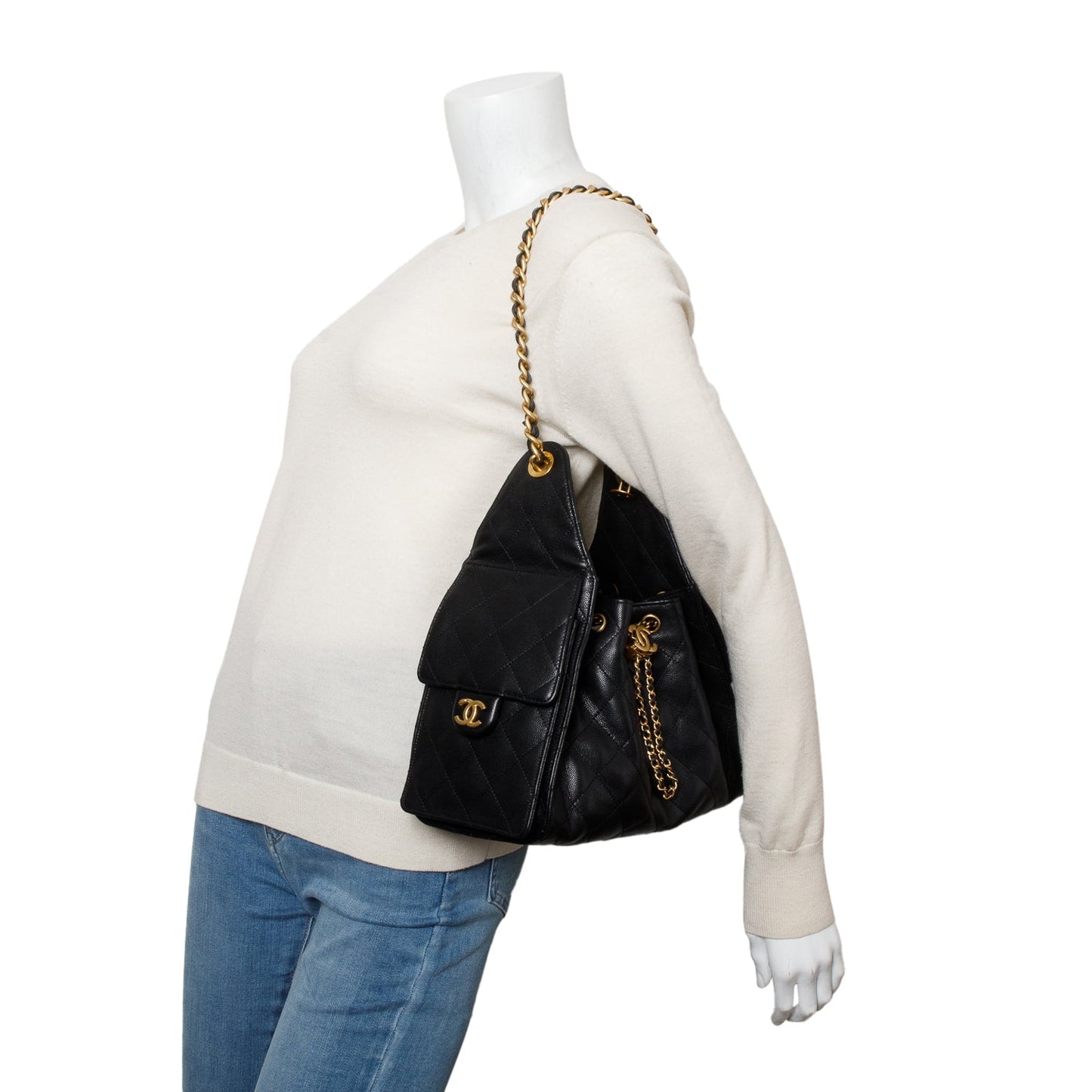 Chanel Caviar 25 Bucket Leather Black Travel Bag Box Receipt