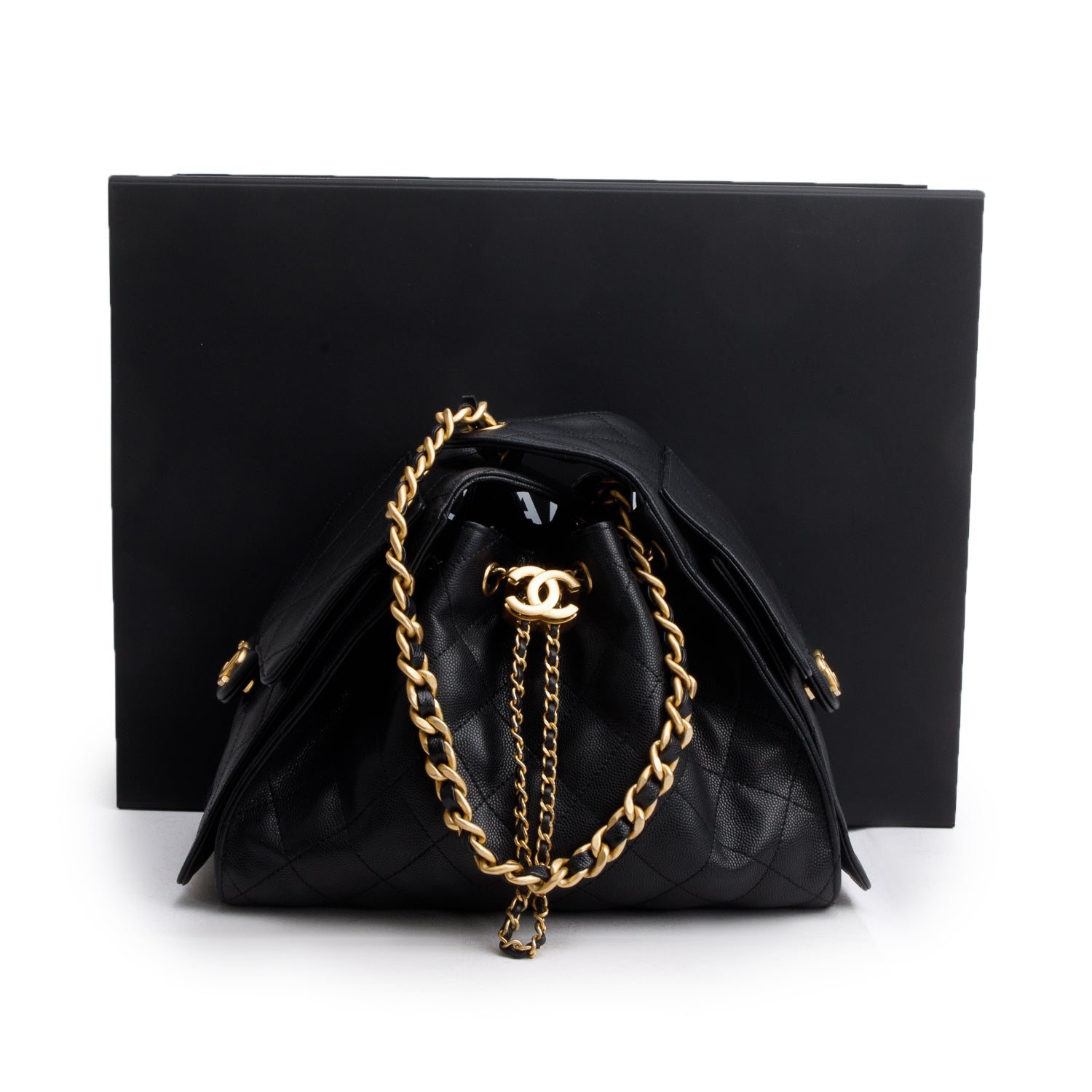 Chanel Caviar 25 Bucket Leather Black Travel Bag Box Receipt