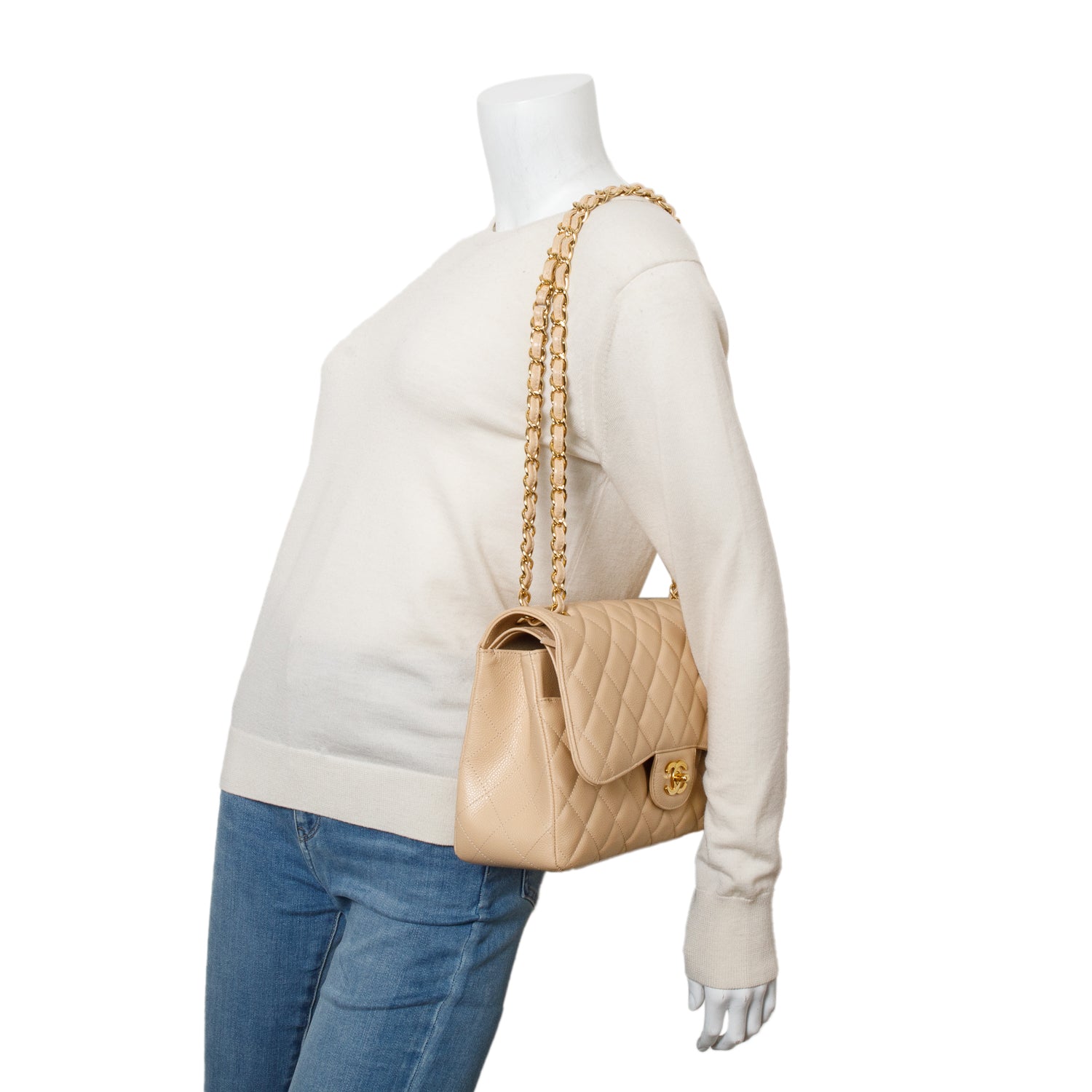Chanel Quilted Caviar Classic Jumbo Double Leather Beige Travel Bag 4