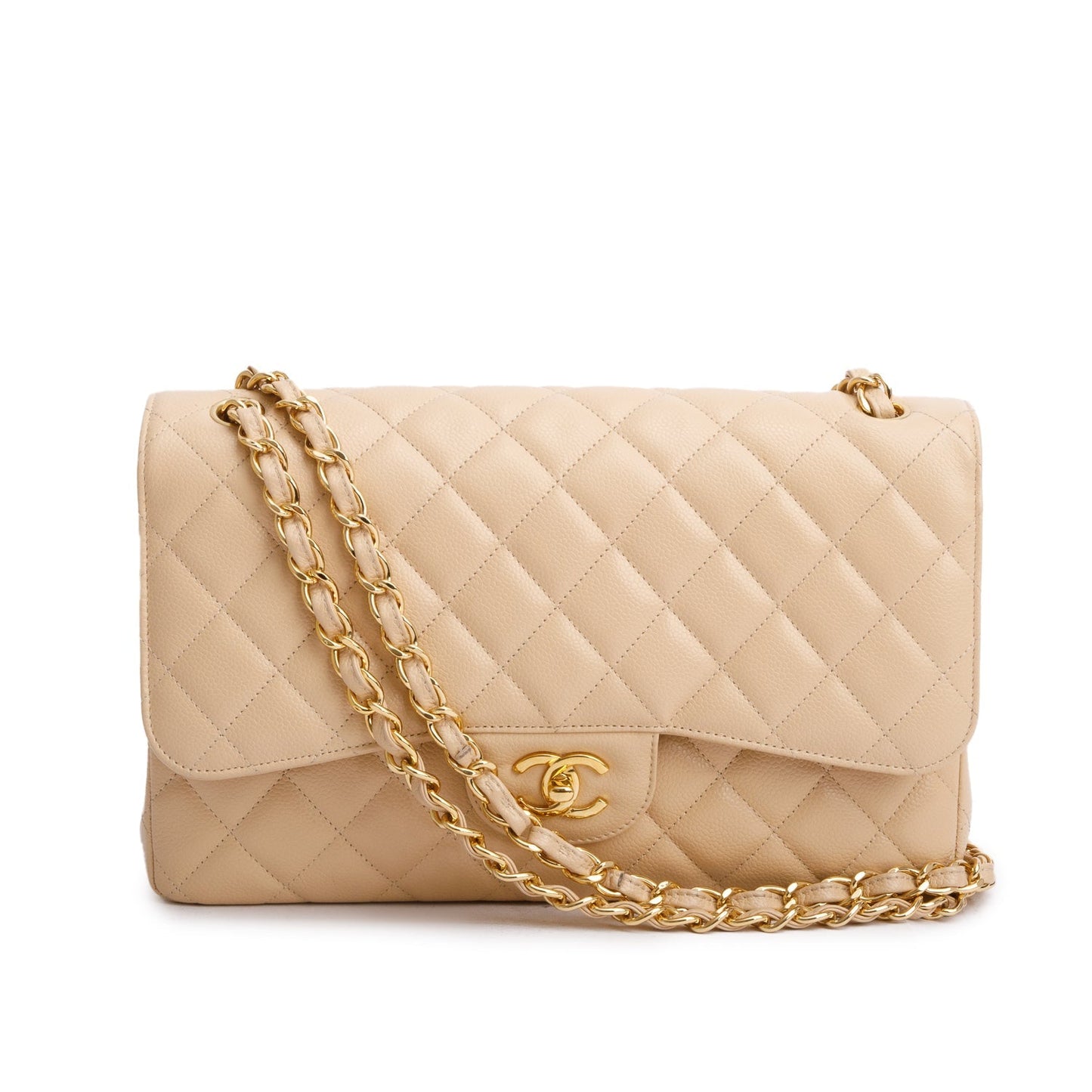 Chanel Quilted Caviar Classic Jumbo Double Leather Beige Travel Bag 4