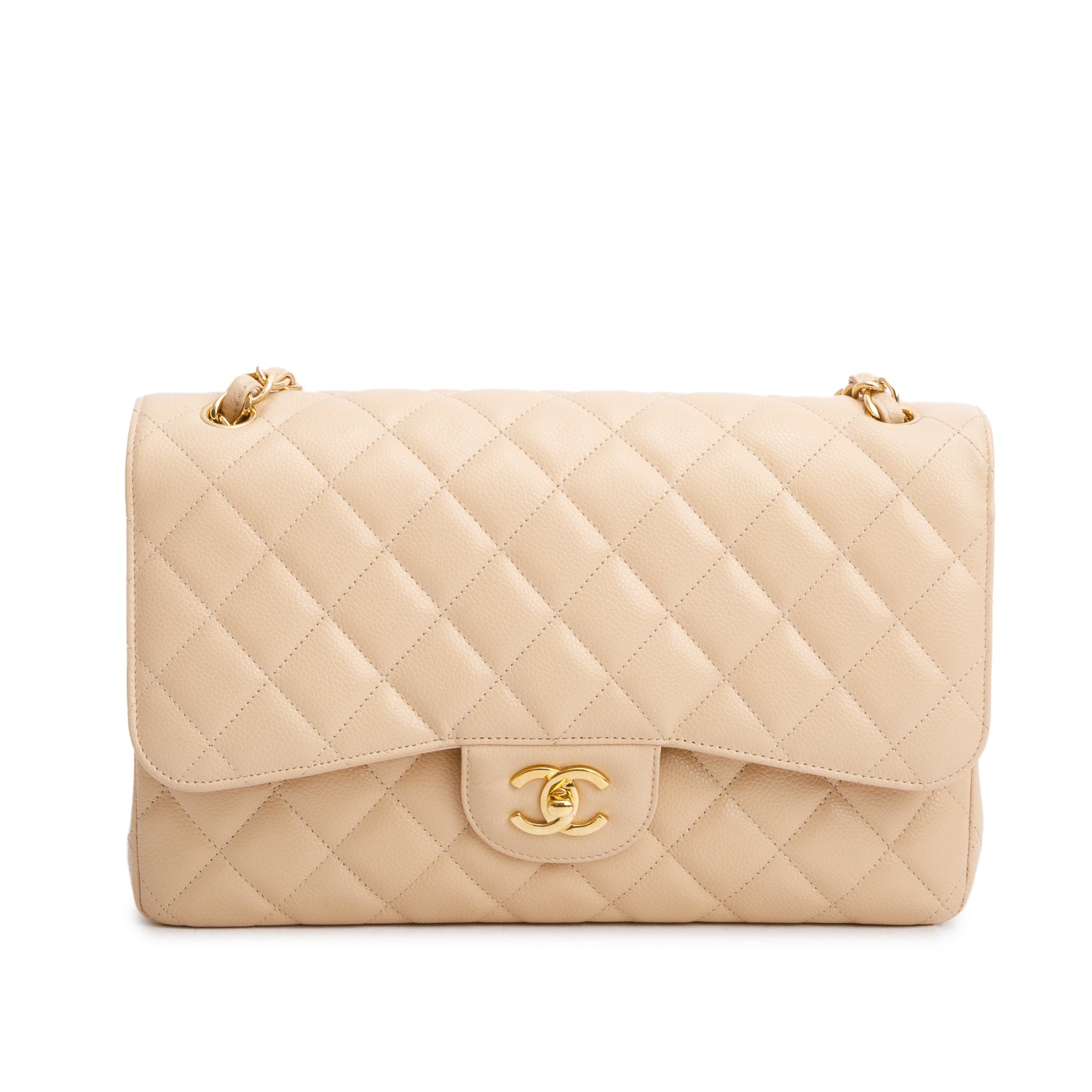 Chanel Quilted Caviar Classic Jumbo Double Leather Beige Travel Bag 4