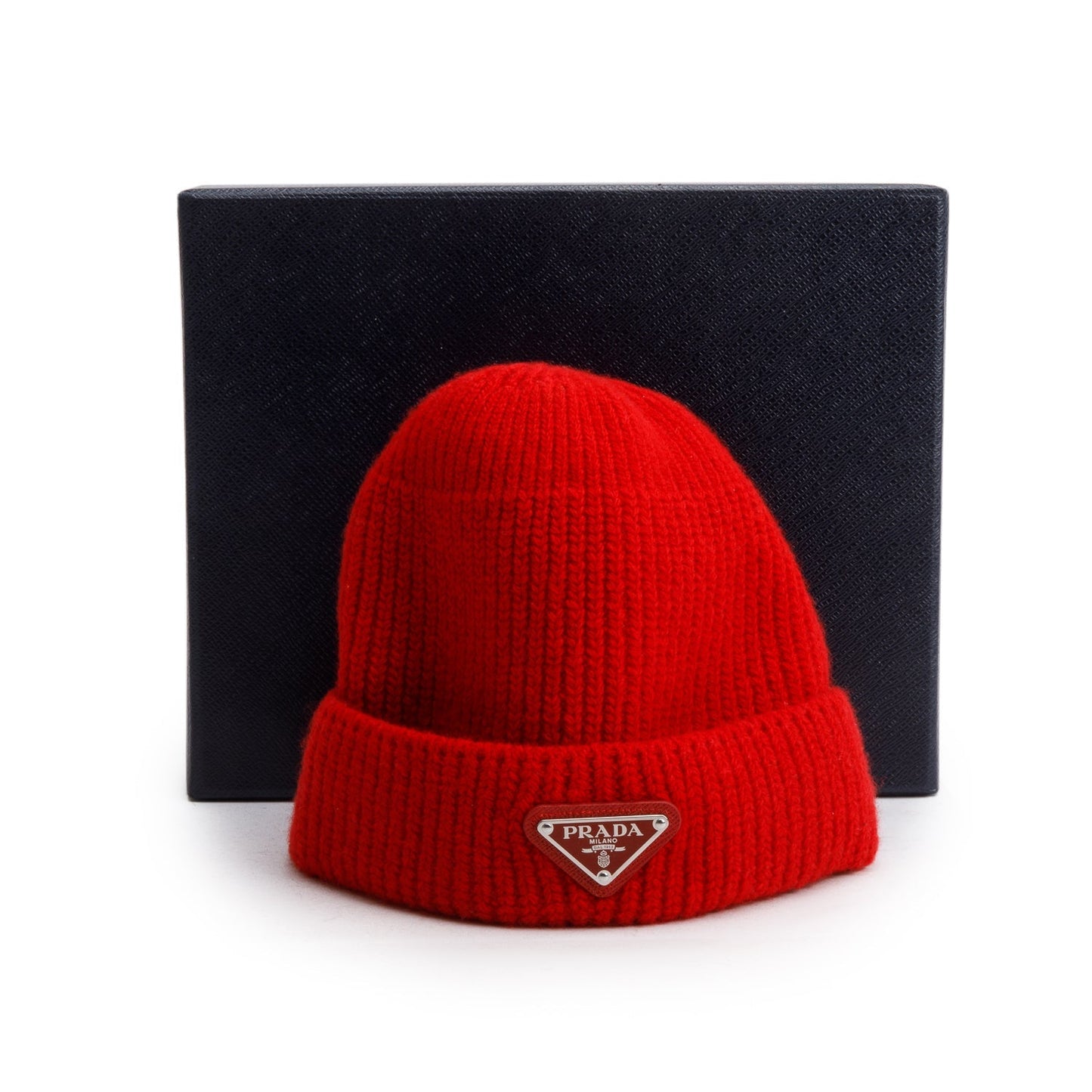 Prada Wool Cashmere Metal Triangle Beanie, Size M Red Logo Travel Bag