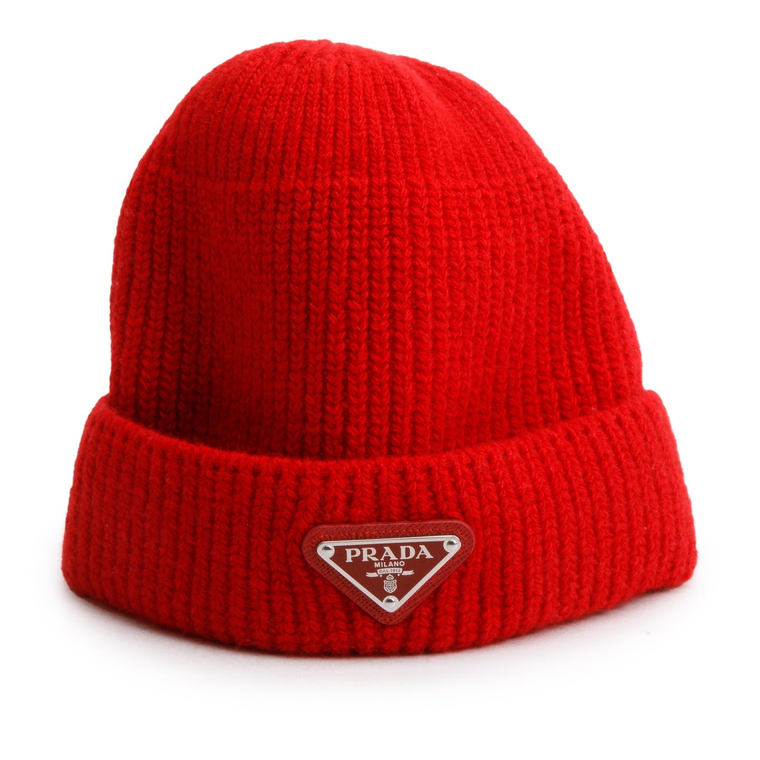 Prada Wool Cashmere Metal Triangle Beanie, Size M Red Logo Travel Bag