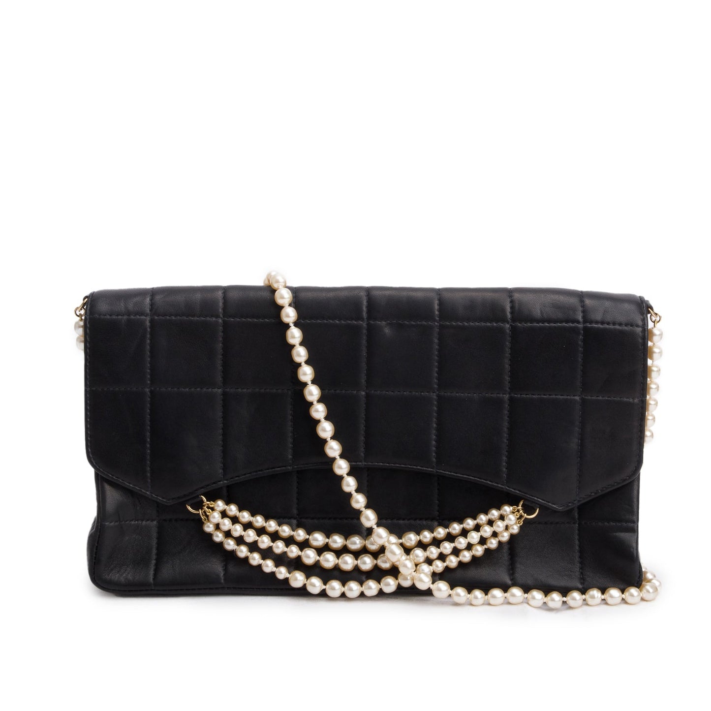 Chanel Quilted Chocolate Bar Pearl Flap Lambskin Black Travel Bag