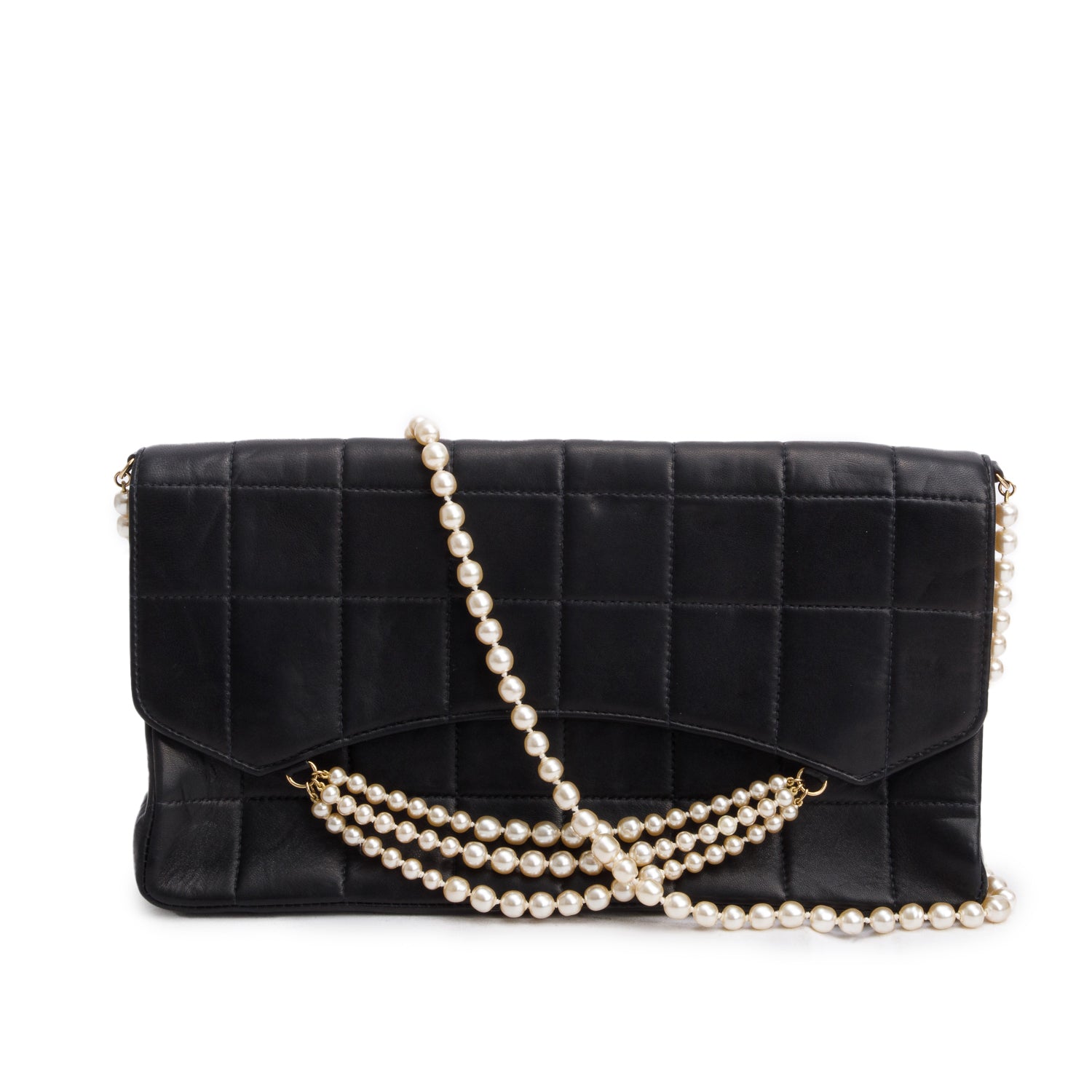 Chanel Quilted Chocolate Bar Pearl Flap Lambskin Black Travel Bag