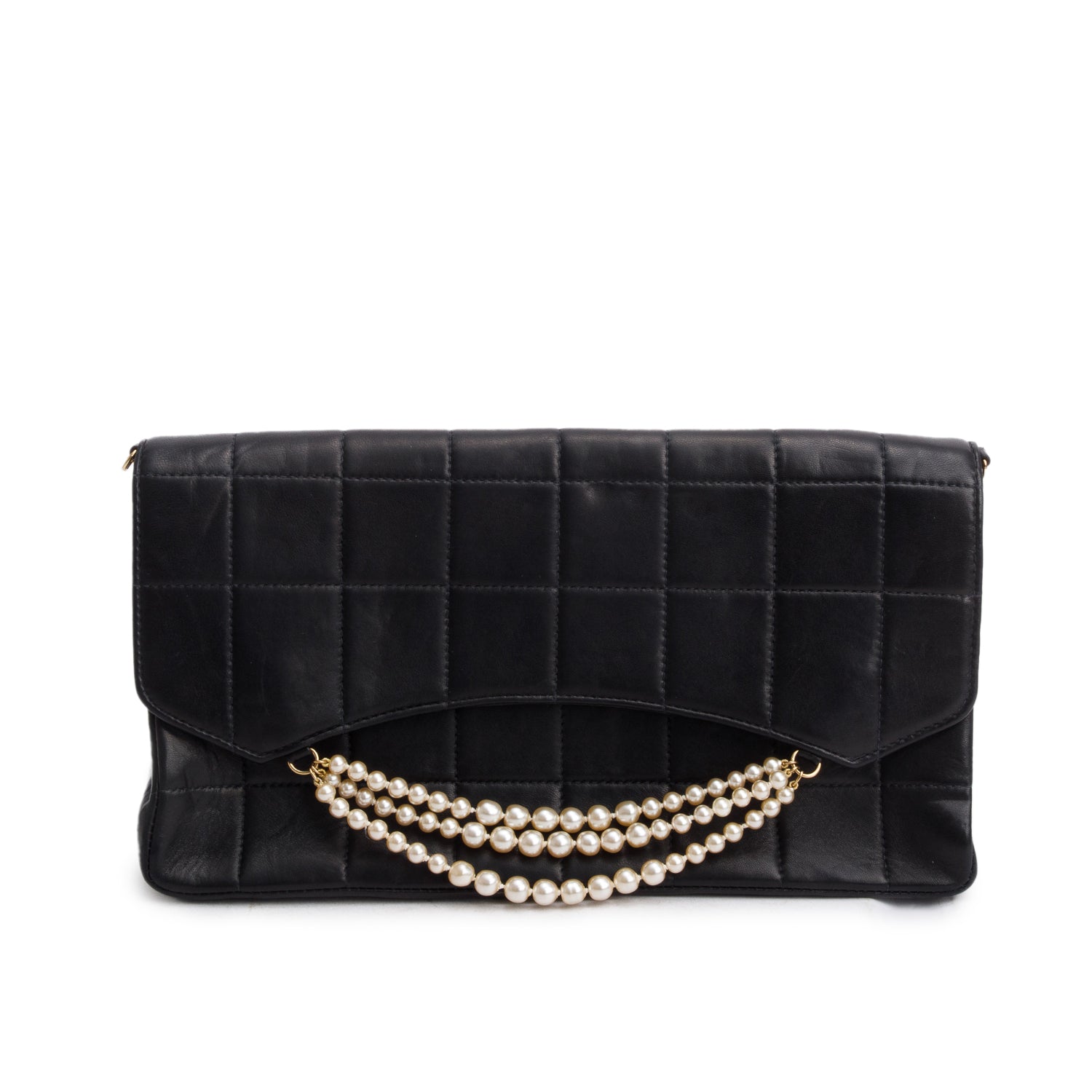 Chanel Quilted Chocolate Bar Pearl Flap Lambskin Black Travel Bag
